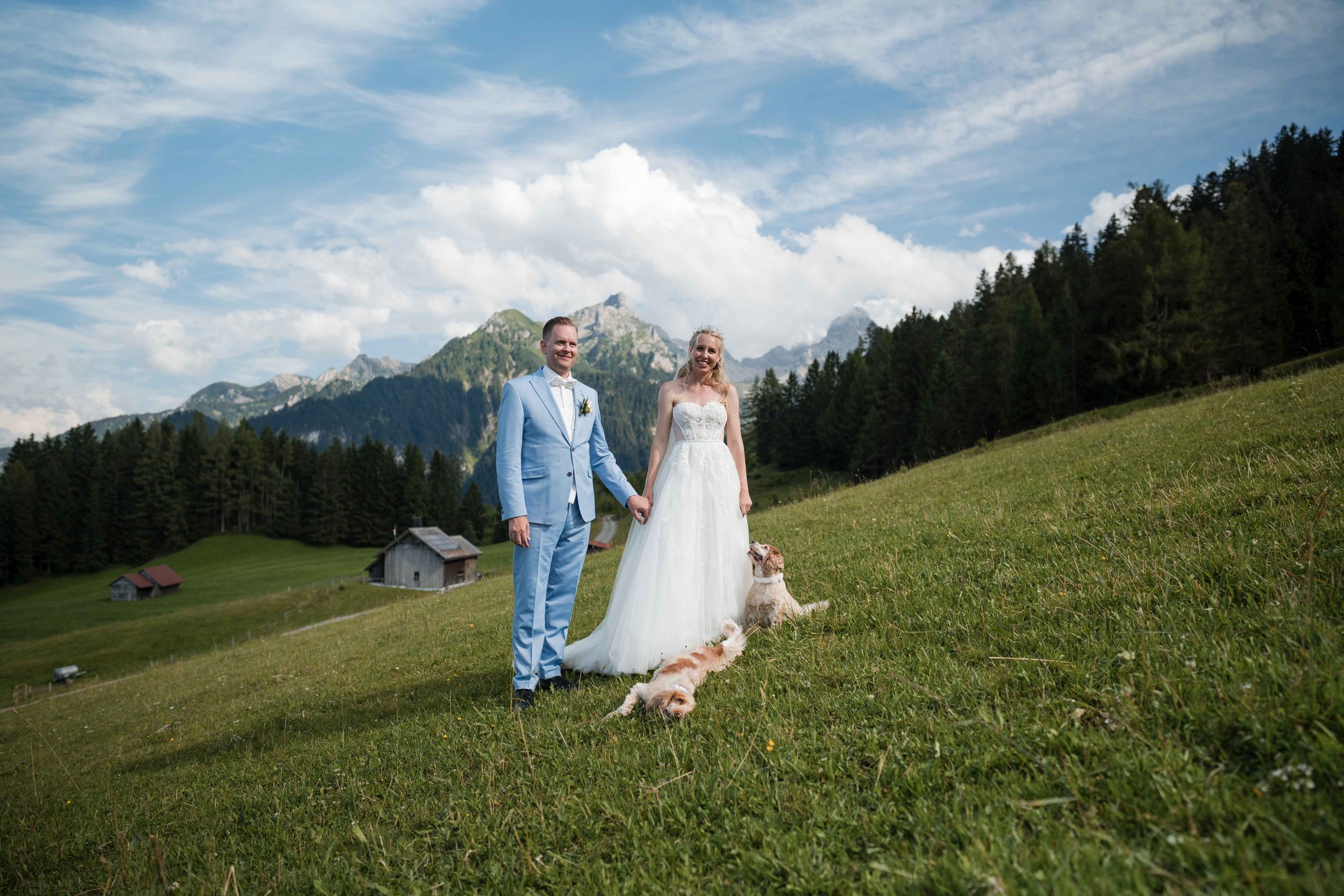 Ein Brautpaar steht auf einer grünen Wiese mit Bergen im Hintergrund, die Braut trägt ein weißes Kleid, der Bräutigam einen hellblauen Anzug, und sie haben zwei Labrador-Hunde bei sich.