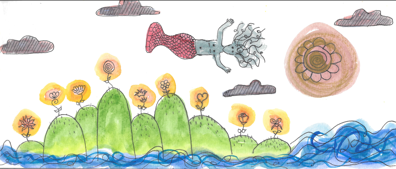 Martha created this watercolor that we call The  Flying Mermaid, while recieving cancer treatment