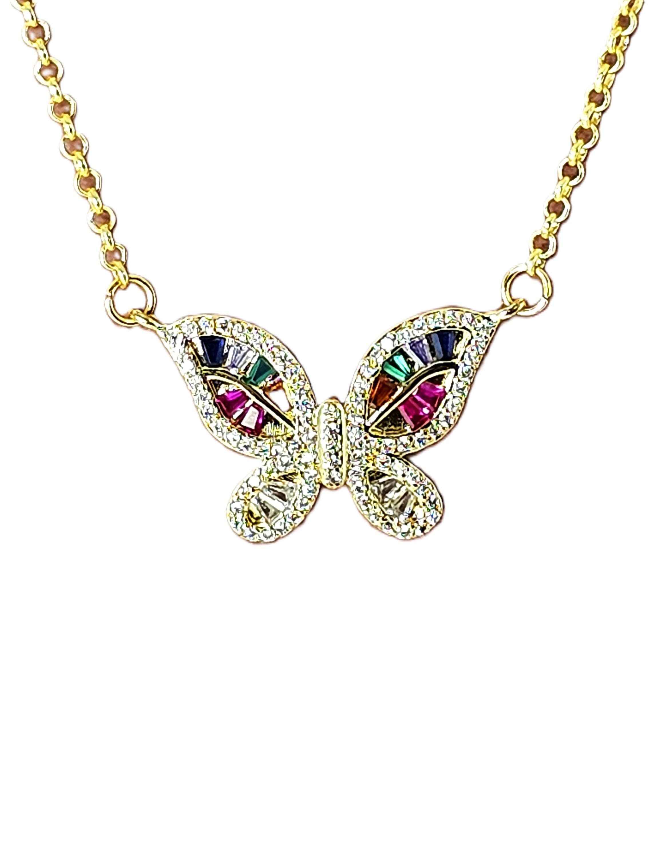 Multicolor CZ butterfly pendant adjustable chain for layering dainty minimalist necklace
