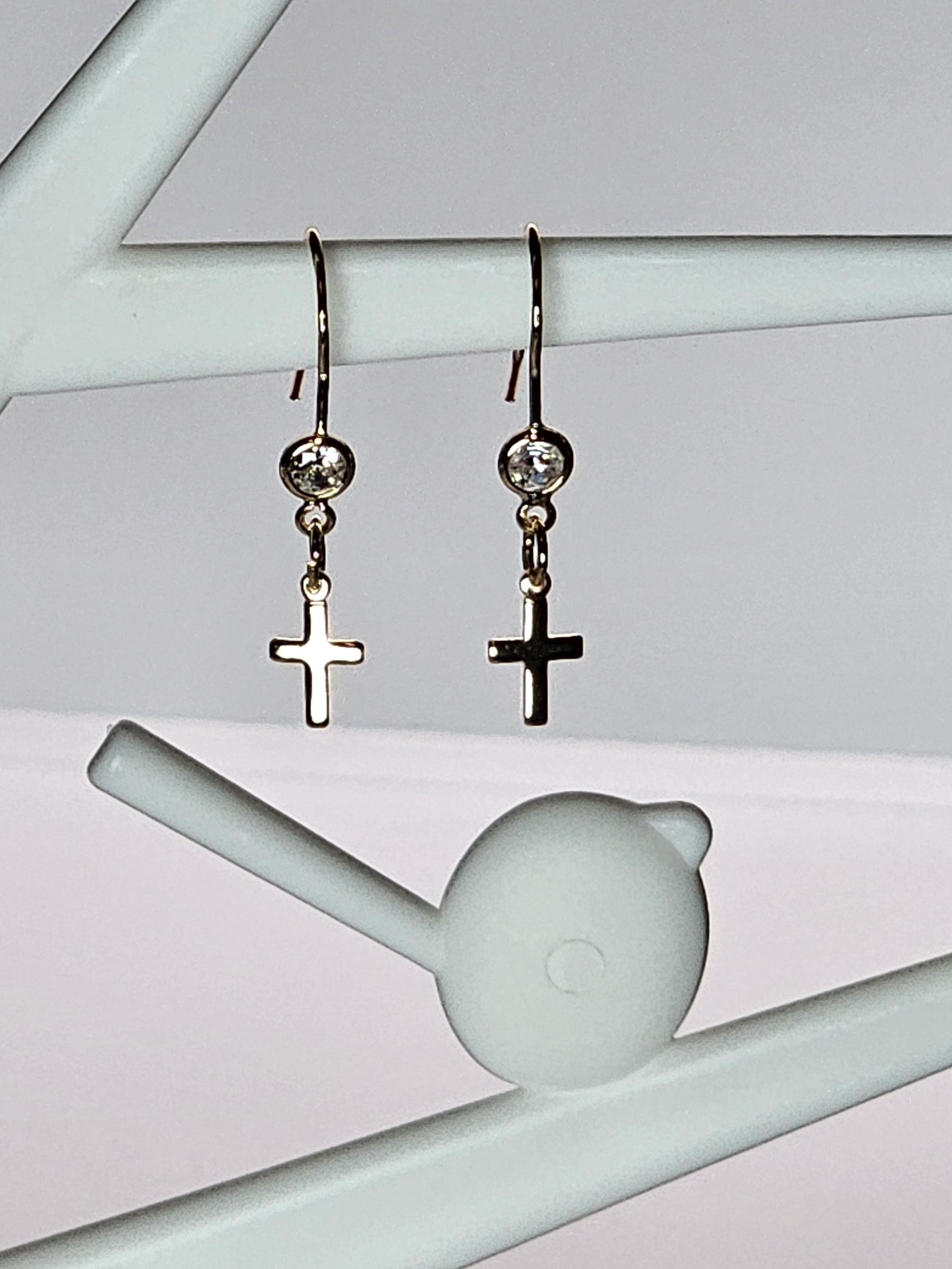 14K Gold-Filled Cross Earrings with Bezel CZ Dainty Hypoallergenic Drop Hook Earrings