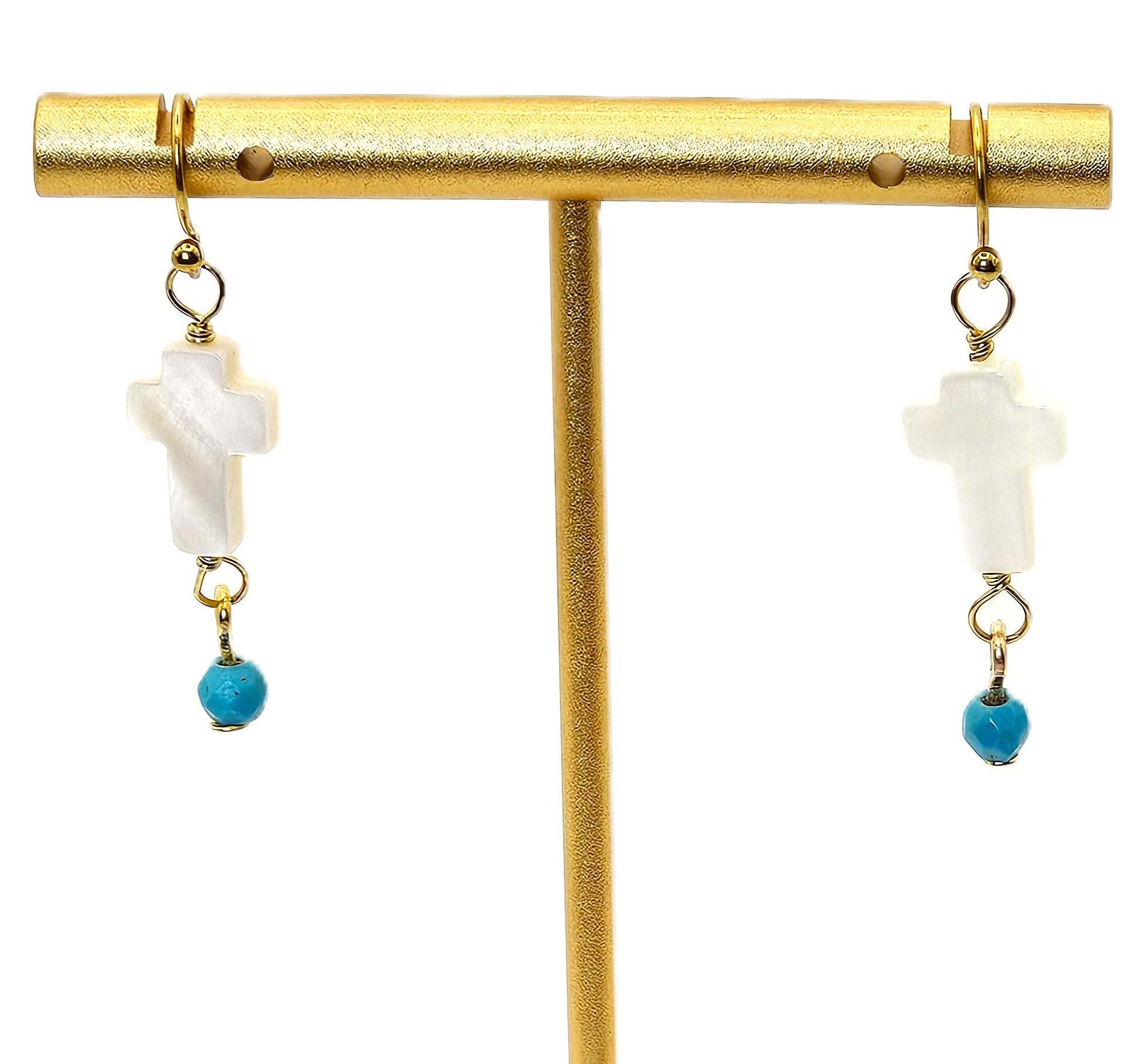 Shell cross earrings turquoise accent bead hypoallergenic drop hook boho Christian jewelry gift