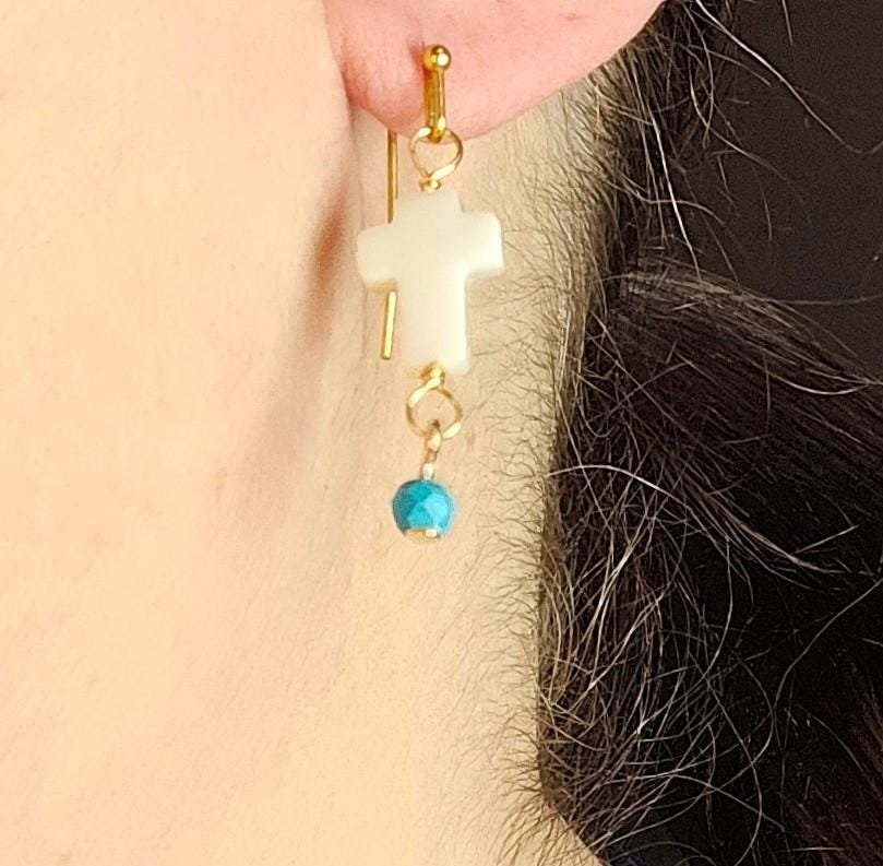 Shell cross earrings turquoise accent bead hypoallergenic drop hook boho Christian jewelry gift