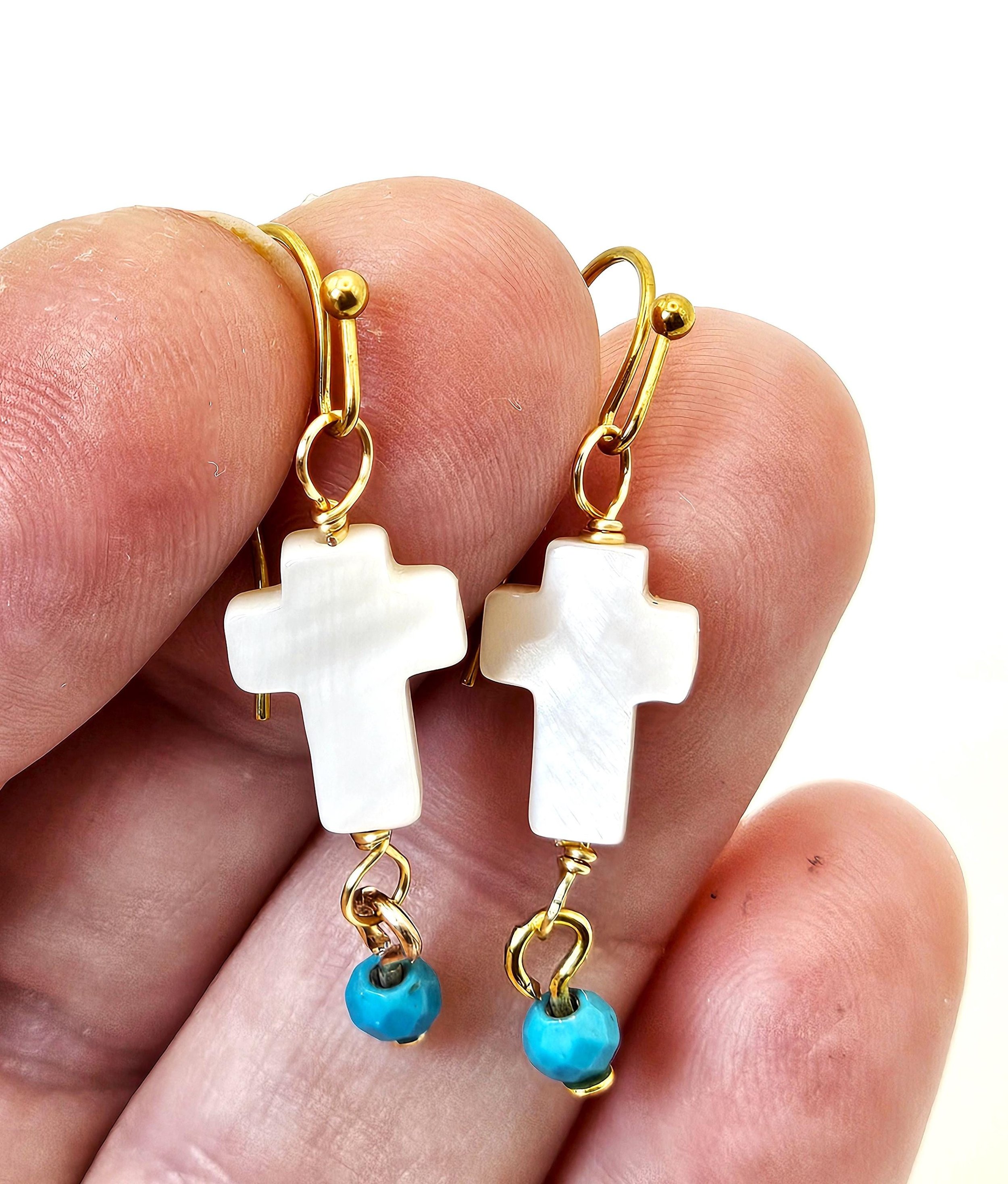 Shell cross earrings turquoise accent bead hypoallergenic drop hook boho Christian jewelry gift