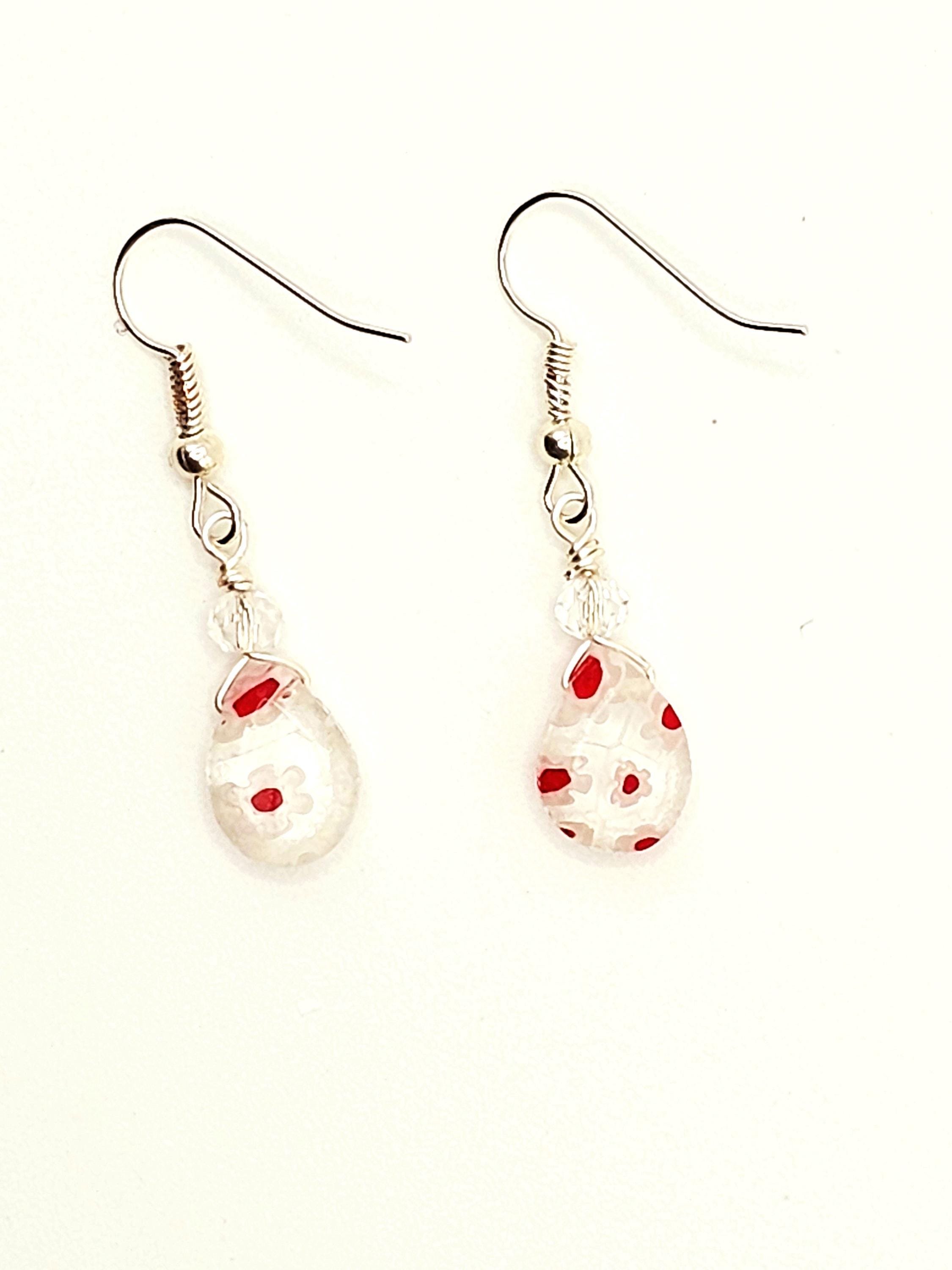 Boho white red Flower Jewelry Millefiori earrings hypoallergenic sterling silver drop hook