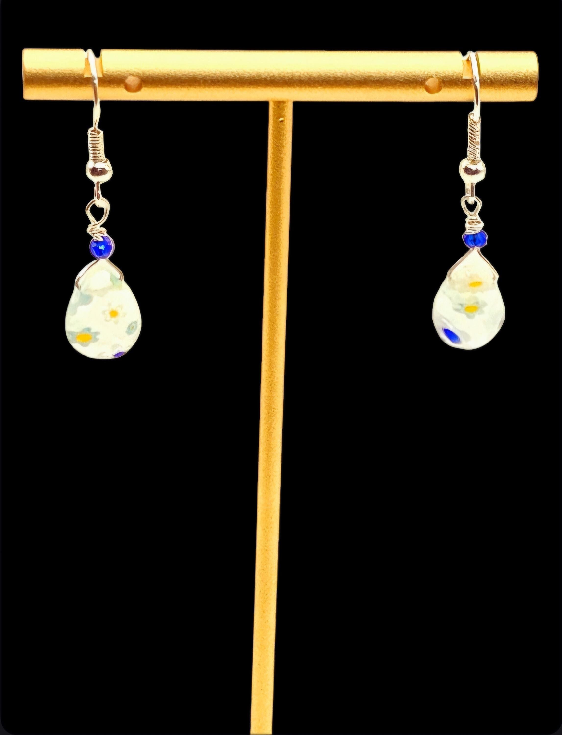 Boho white blue Flower Jewelry Millefiori earrings hypoallergenic sterling silver drop hook