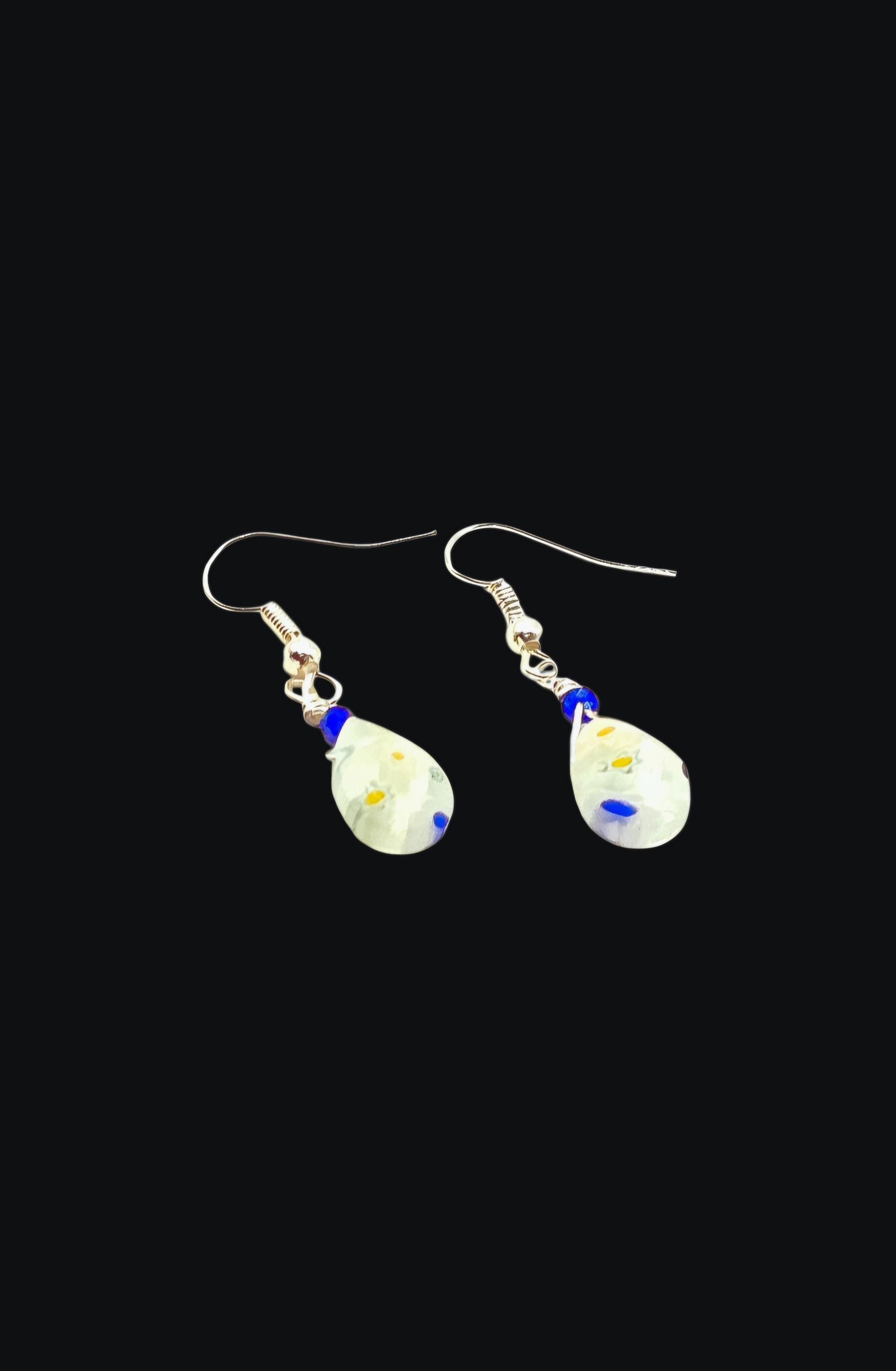 Boho white blue Flower Jewelry Millefiori earrings hypoallergenic sterling silver drop hook
