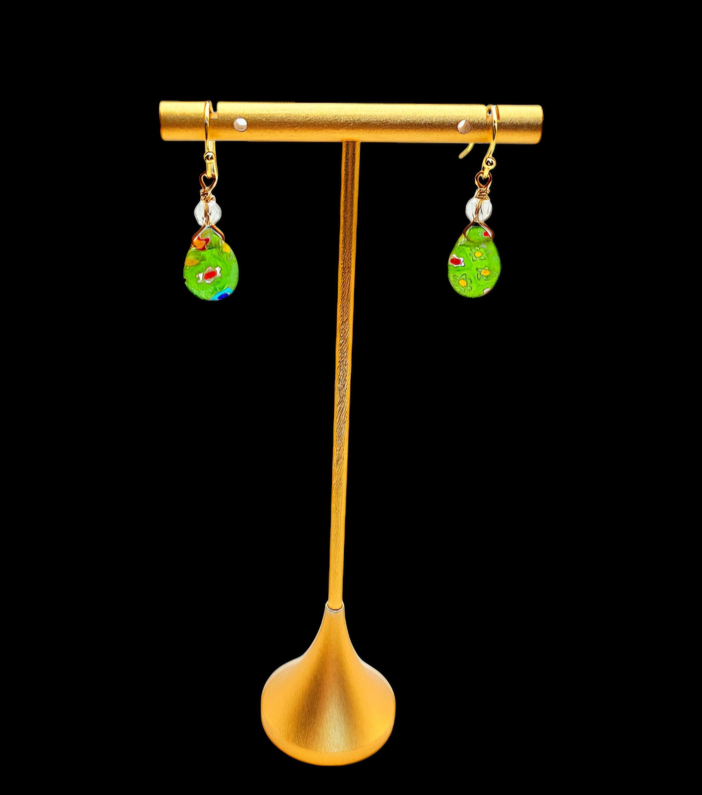Boho Green Flower Jewelry Millefiori earrings hypoallergenic gold drop hook