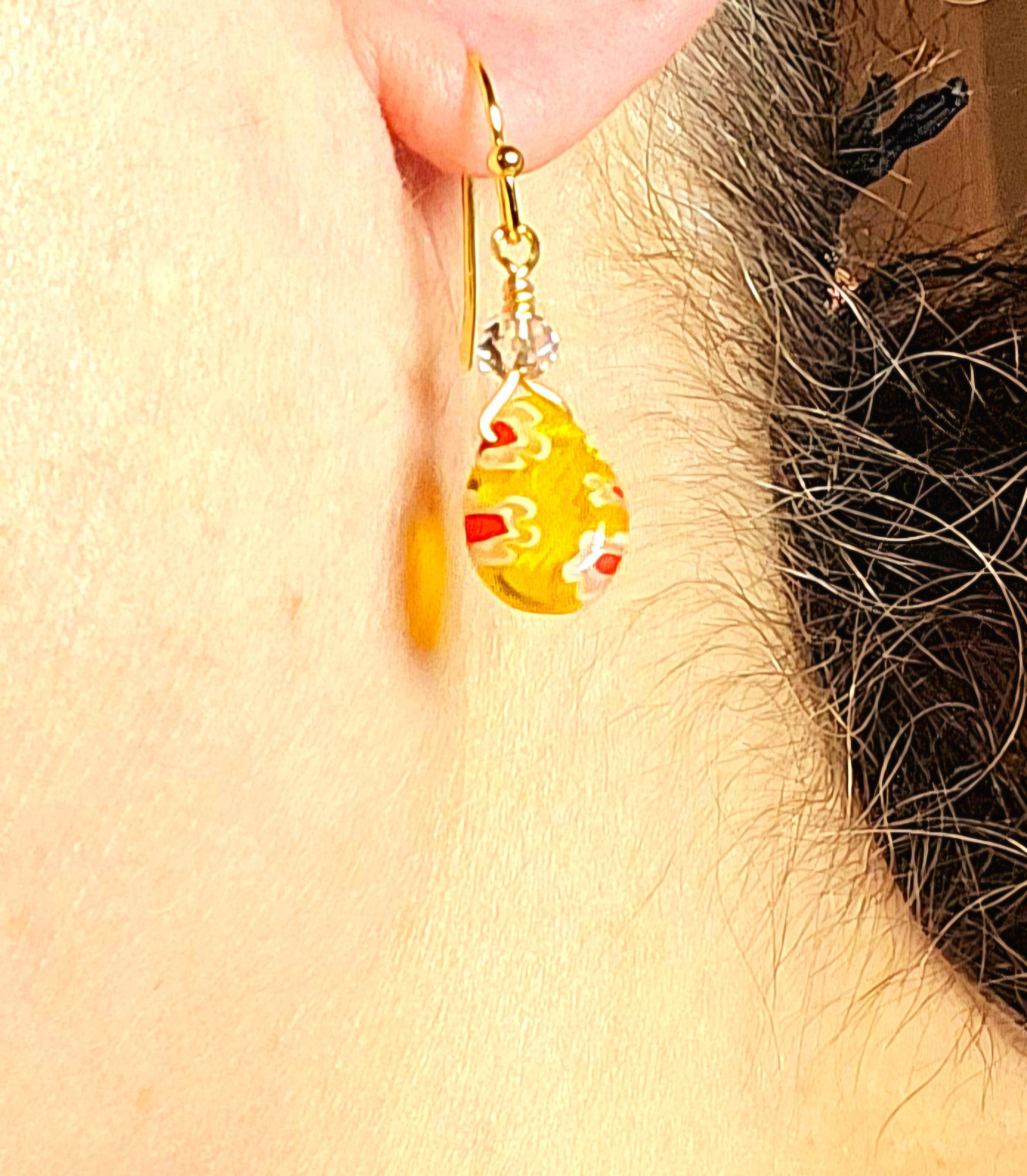 Yellow Flower Jewelry Millefiori earrings hypoallergenic gold drop hook