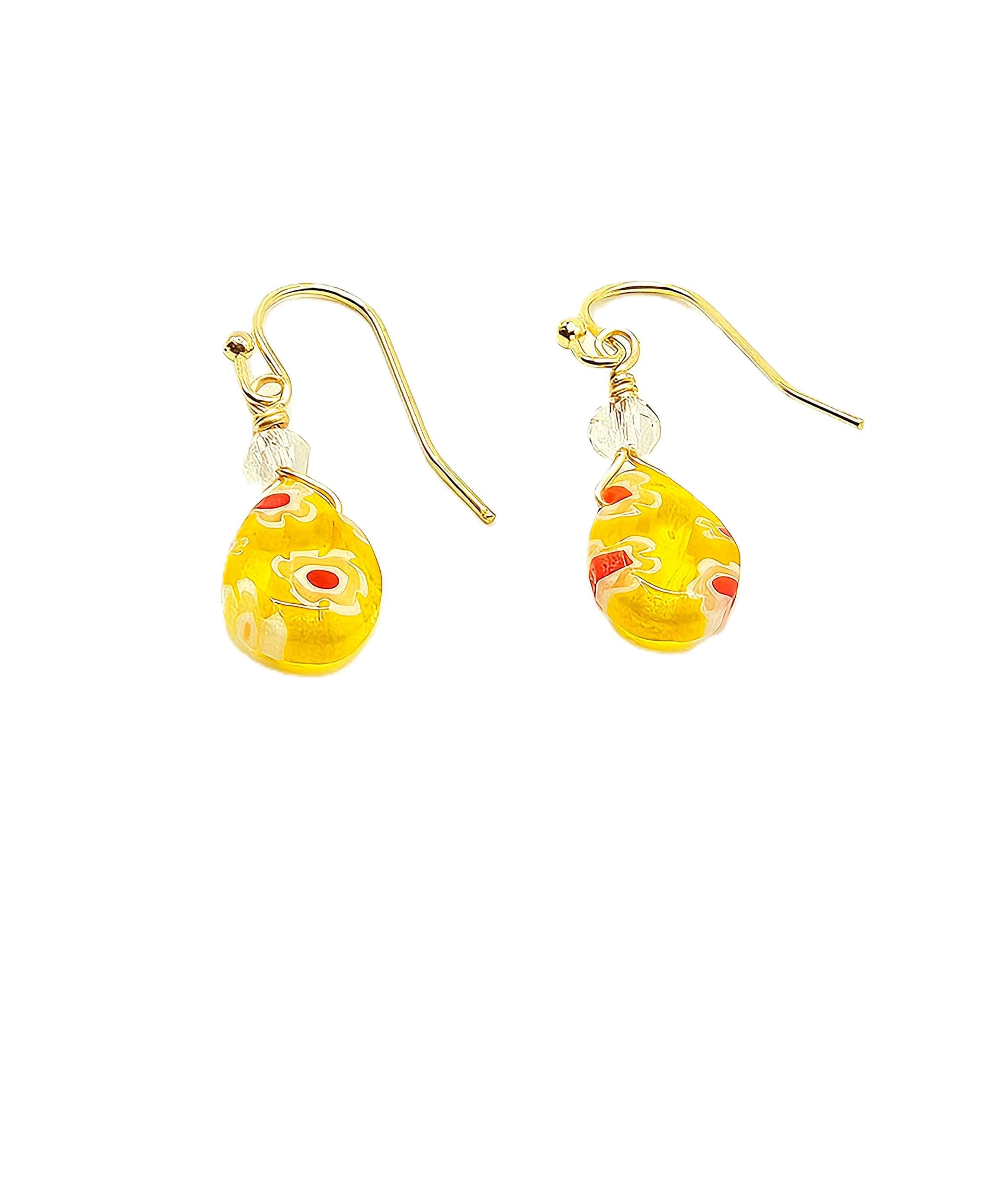 Yellow Flower Jewelry Millefiori earrings hypoallergenic gold drop hook
