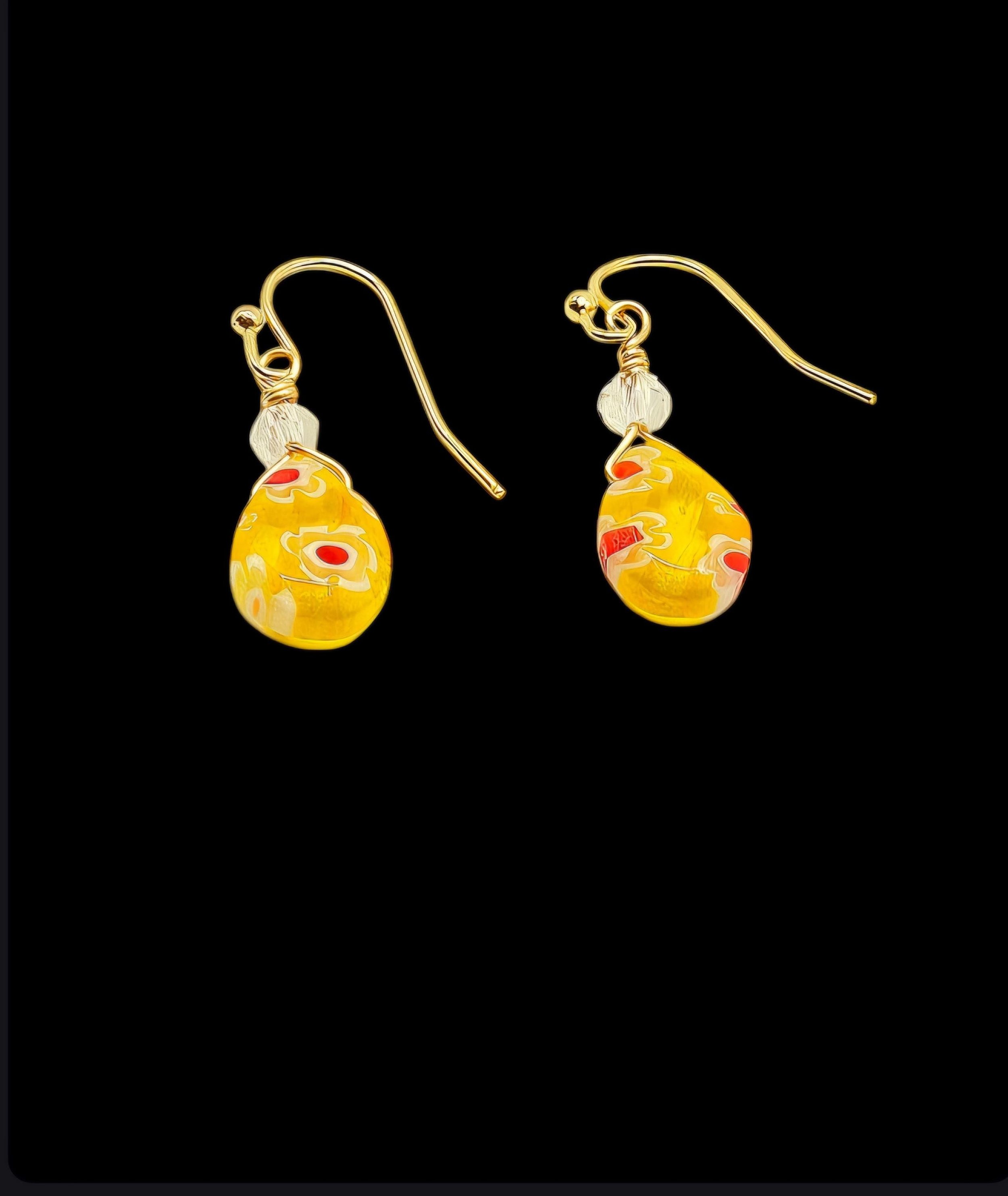 Yellow Flower Jewelry Millefiori earrings hypoallergenic gold drop hook