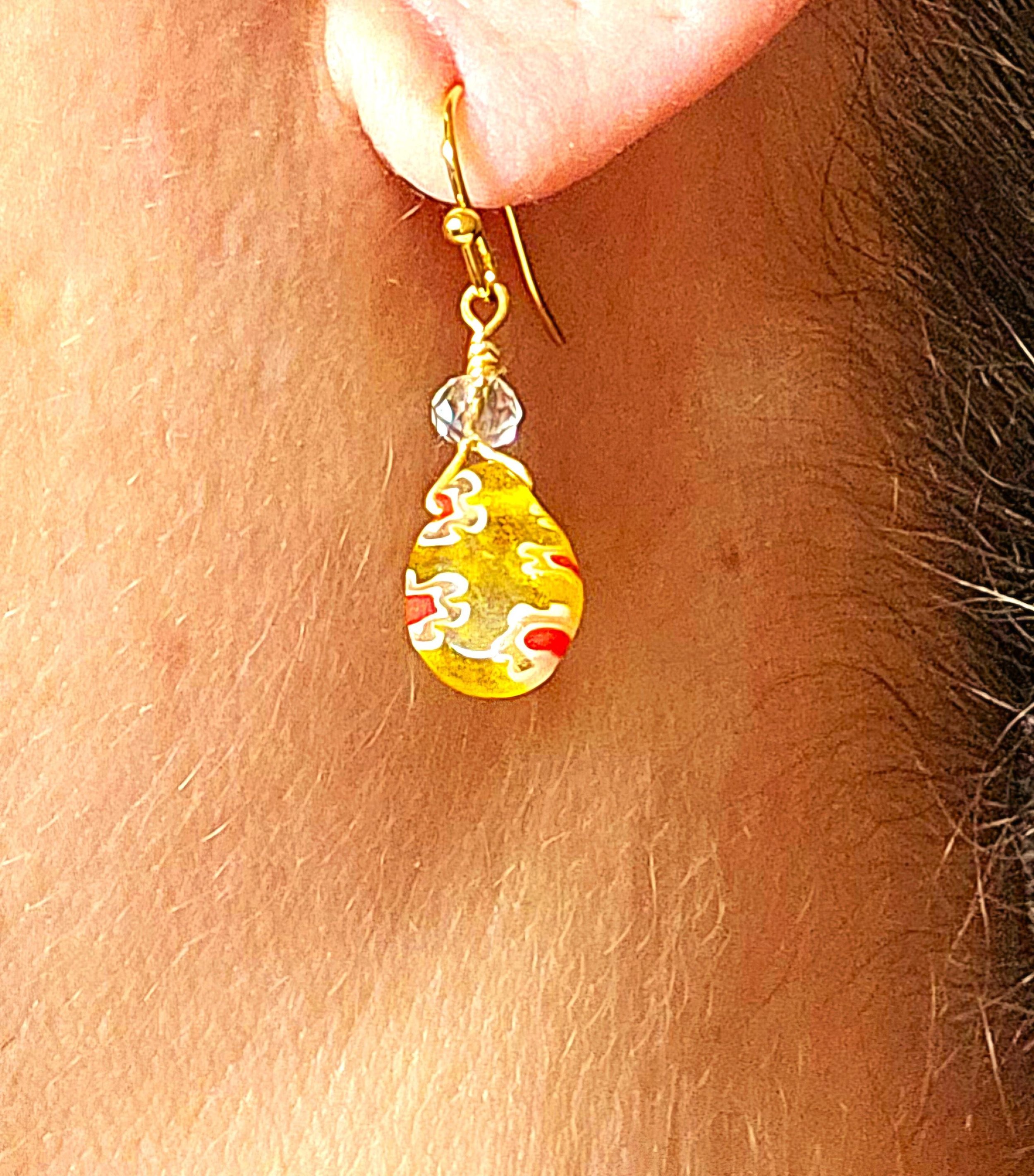 Yellow Flower Jewelry Millefiori earrings hypoallergenic gold drop hook