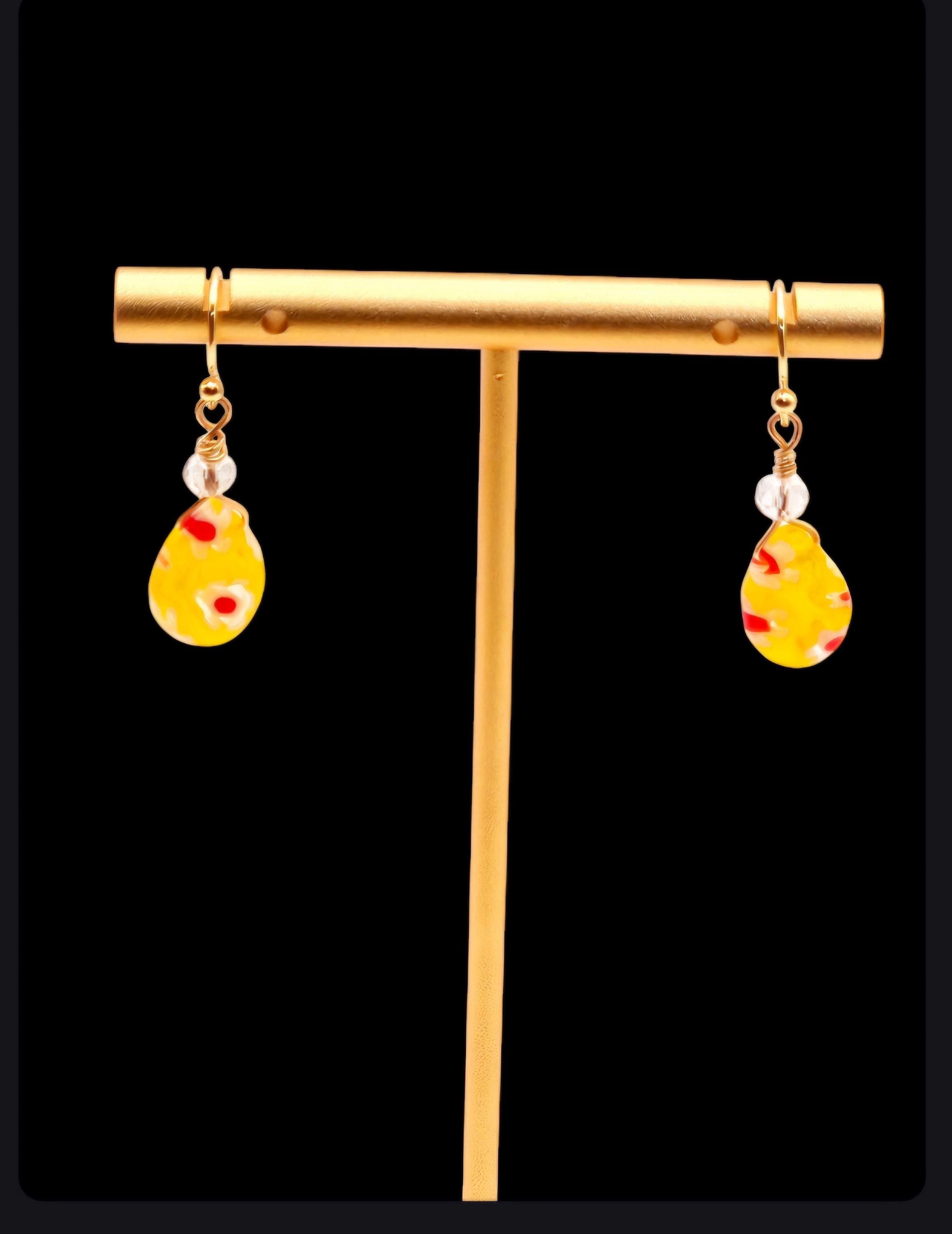 Yellow Flower Jewelry Millefiori earrings hypoallergenic gold drop hook