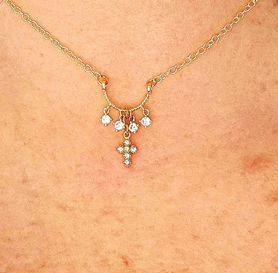 Dainty CZ Cross Pendant – Christian Jewelry Gift - Adjustable 14K Gold-Plated Necklace
