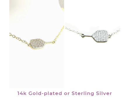 CZ Pickleball Necklace Pendant - Adjustable 14k gold-plated or sterling silver chain - Gift for pickleball lover
