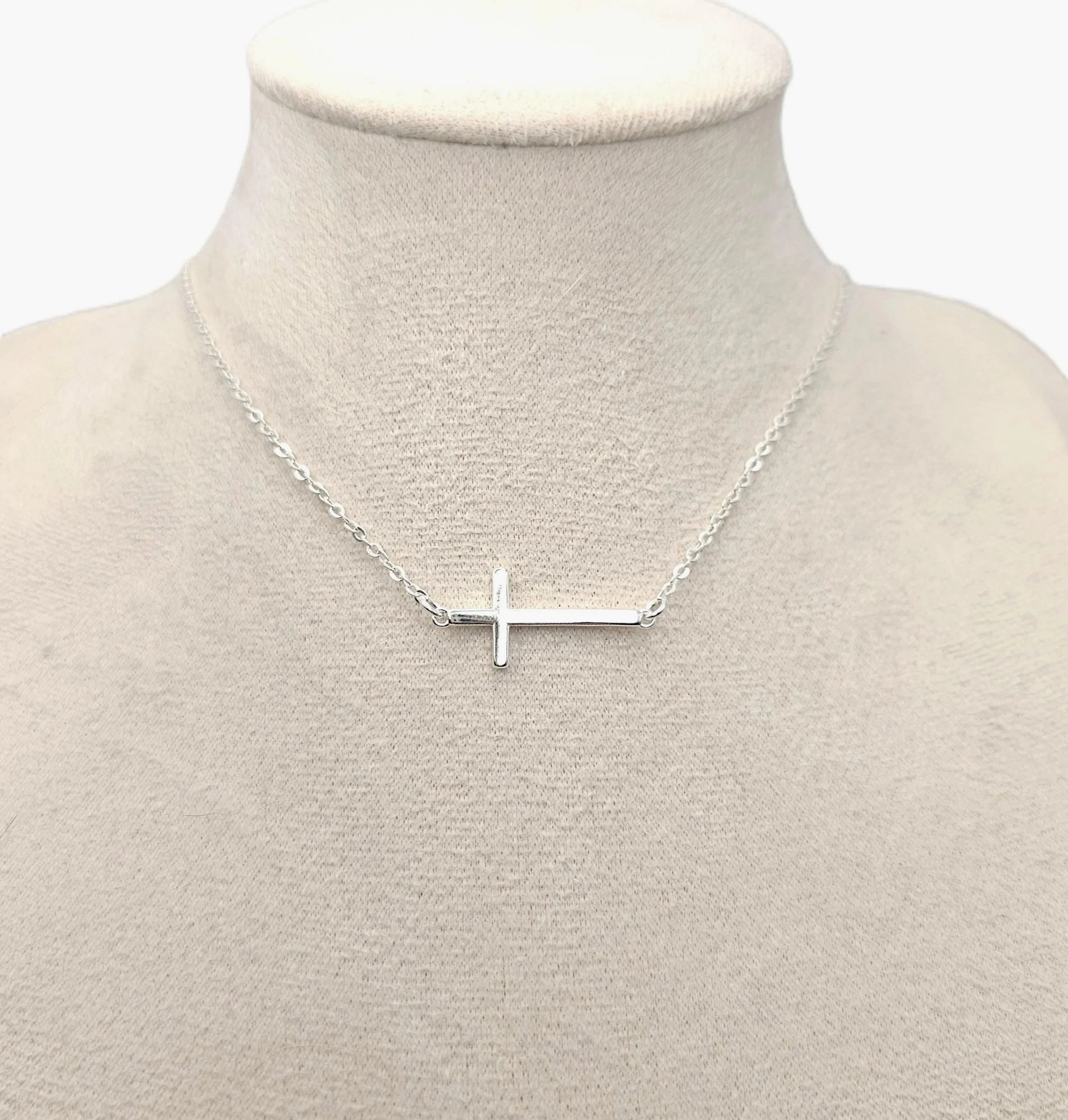 Sterling Silver Side Cross Necklace - Christian Jewelry Gift for Her