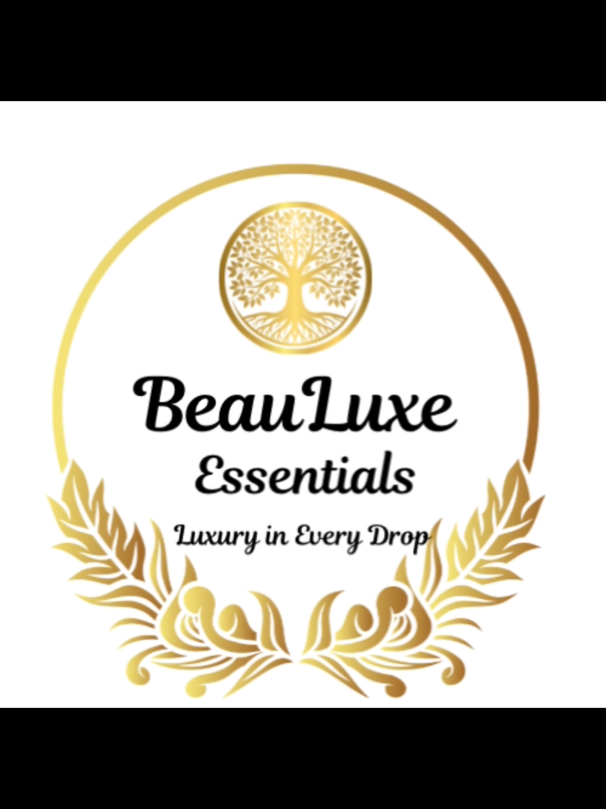 BeauLuxe Essentials logo featuring a golden tree emblem, with the tagline 'Luxury in Every Drop' and decorative gold leaves surrounding the text.