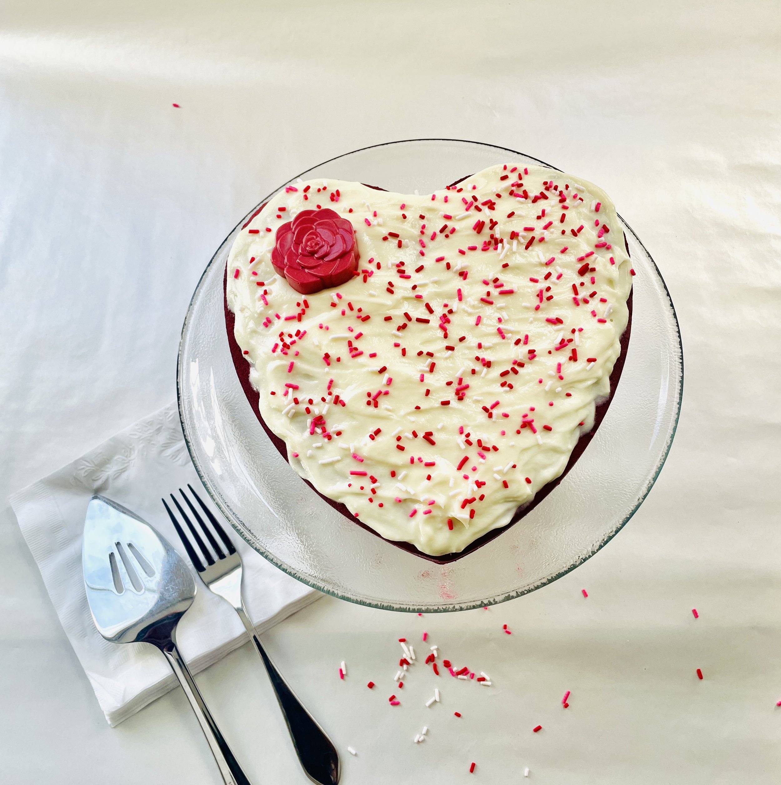 Red velvet heart shape with cream cheese frosting