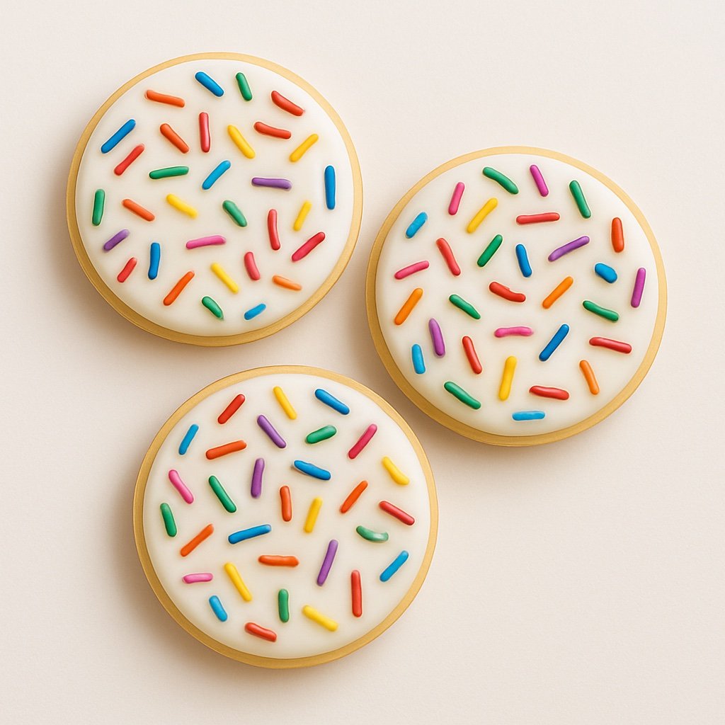 Vanilla sugar cookies with royal icing and sprinkles. $40/dozen