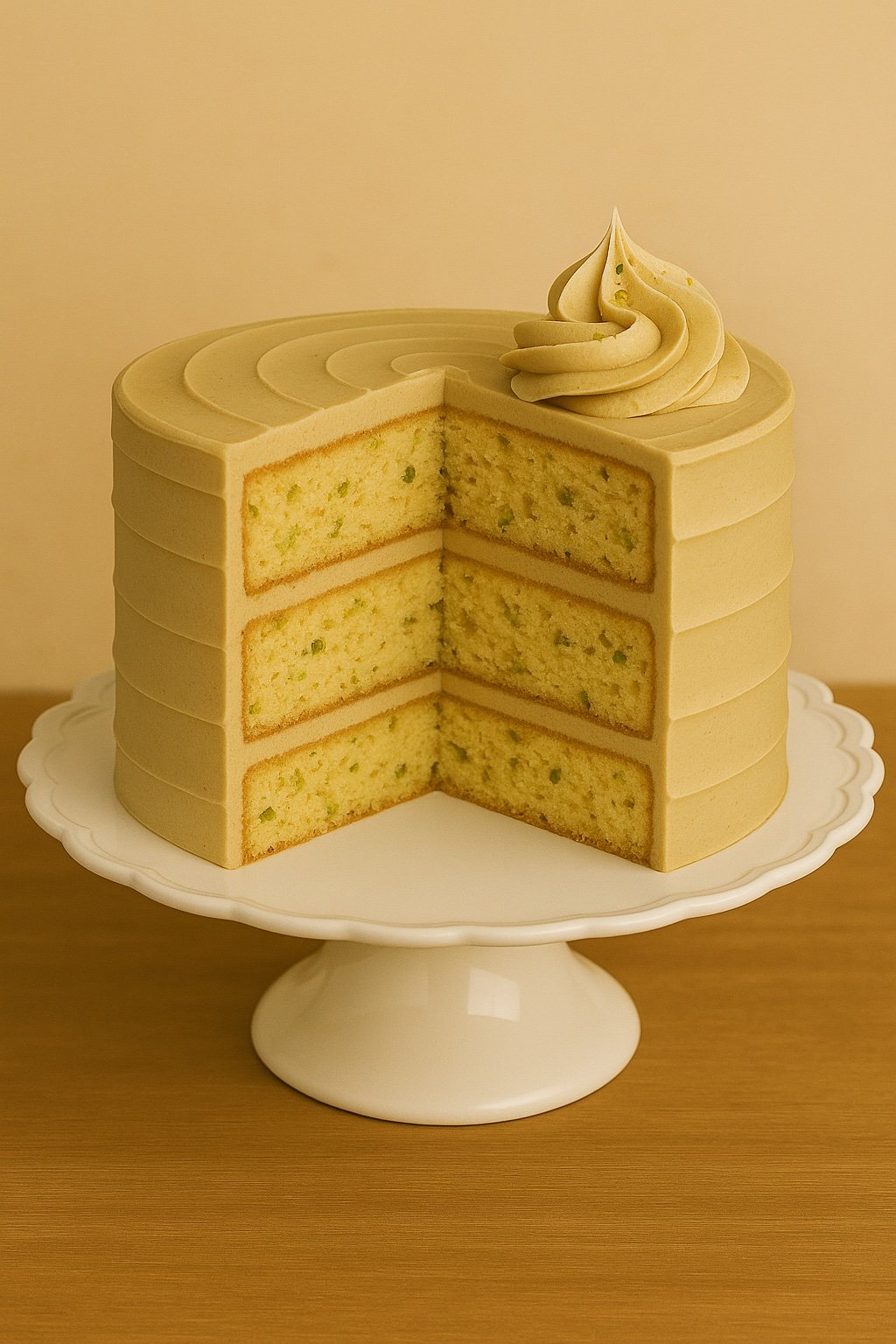 Golden Pistachio
Earthy, elegant, and kissed with gold.
This subtly spiced pistachio cake is layered with light vanilla buttercream and finished with our signature swirl. A quiet showstopper, it’s the kind of cake that whispers luxury in every bite.