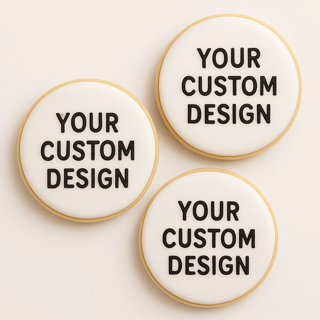 Custom Sugar Cookies – Set of 12.
Personalized, elegant, and perfectly sweet. This set of 3-inch round sugar cookies is topped with smooth royal icing and your custom design—think numbers, initials, or simple artwork stenciled or piped with clean lin