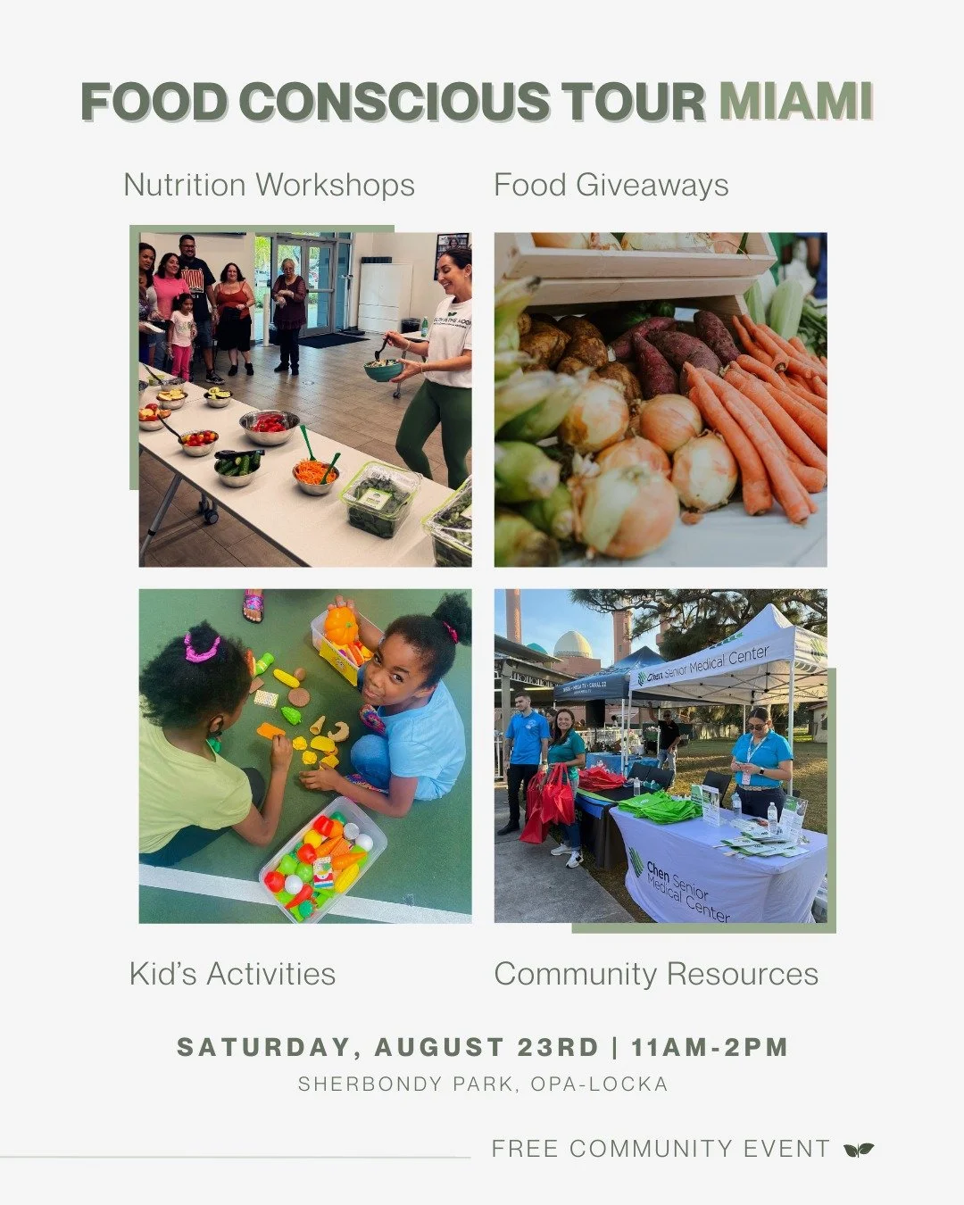Miami&mdash;are you ready for a day of food, fun, and community?
 
Join us this Saturday, August 23 for the 6th Annual Food Conscious Tour at Sherbondy Park (Opa-Locka) from 11AM &ndash; 2PM.
 
What to Expect:
🥗 Free cooking demos &amp; nutrition wo