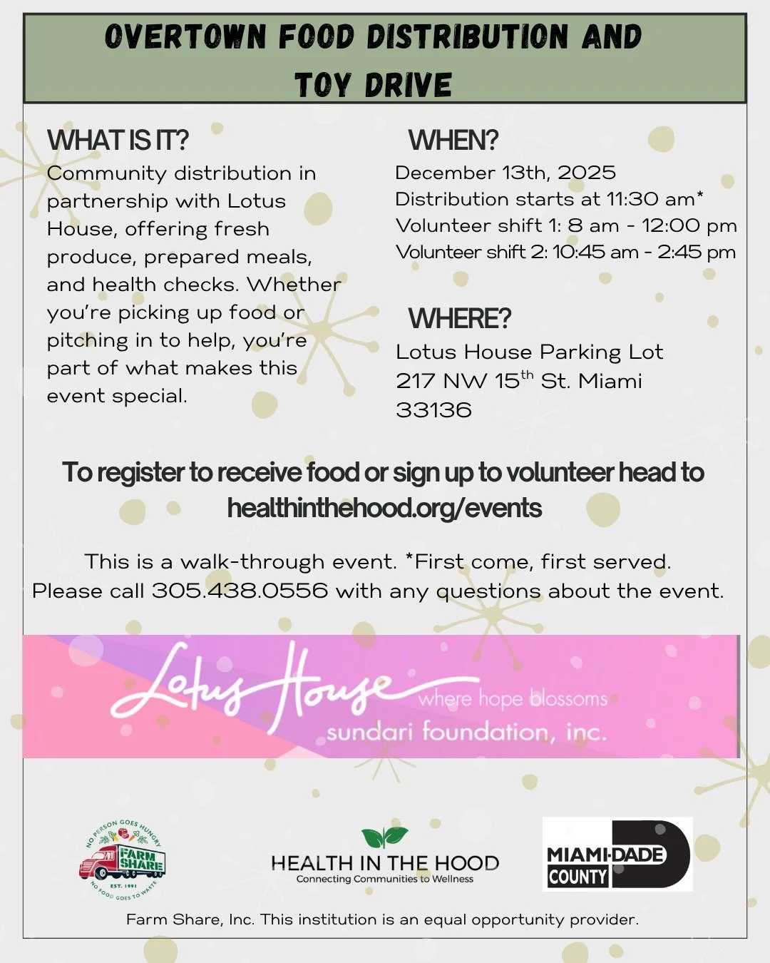 We&rsquo;re gearing up for Saturday&rsquo;s Overtown holiday food distribution and toy drive at Lotus House, and we&rsquo;re calling in volunteers to help bring a little extra holiday joy to local families. 

Fresh food, toys for kids, and a chance t