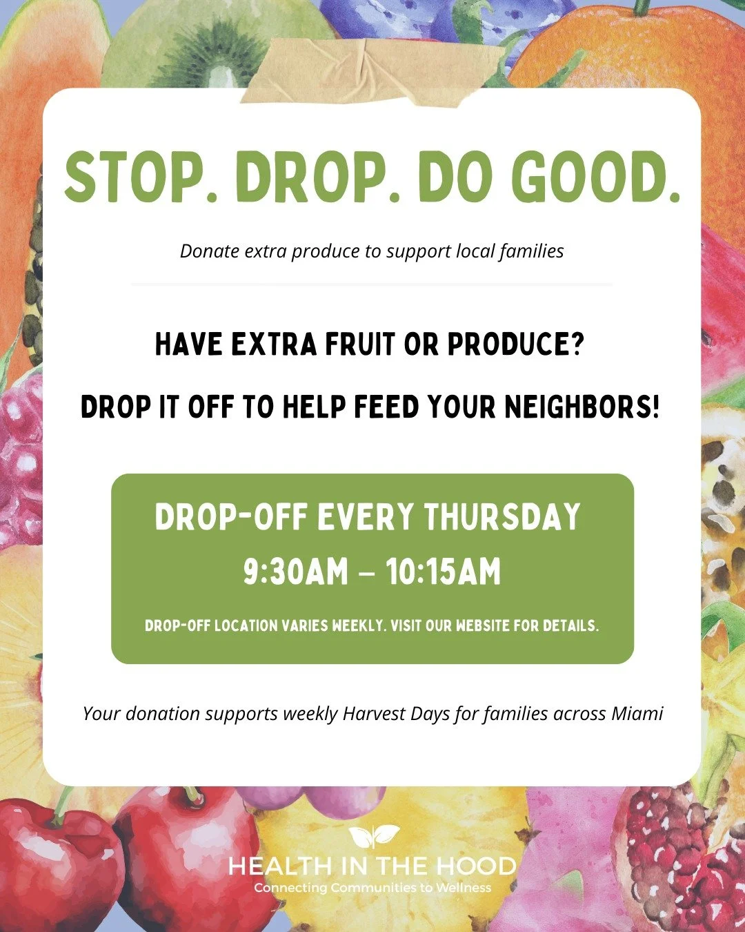 Got extra fruit hanging from your trees? Leftover goods you'd love to share? Drop them off at our Opa-Locka garden and let's put that to good use!

📅 Thursday, March 19th
⏰ 9:30 &ndash; 10:15 AM
📍 2261 NW 152nd Ter, Opa-Locka

Every little bit make