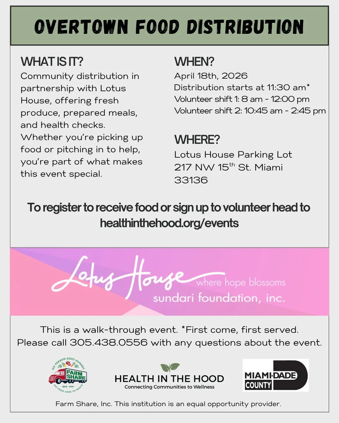 Join us this Saturday, 4/18 for our monthly Overtown Food Distribution! Whether you're coming to receive food or want to volunteer, we'd love to have you. Link in bio to register!

#foodacess #miaminonprofit #communityservice #nonprofit #foodsecurity