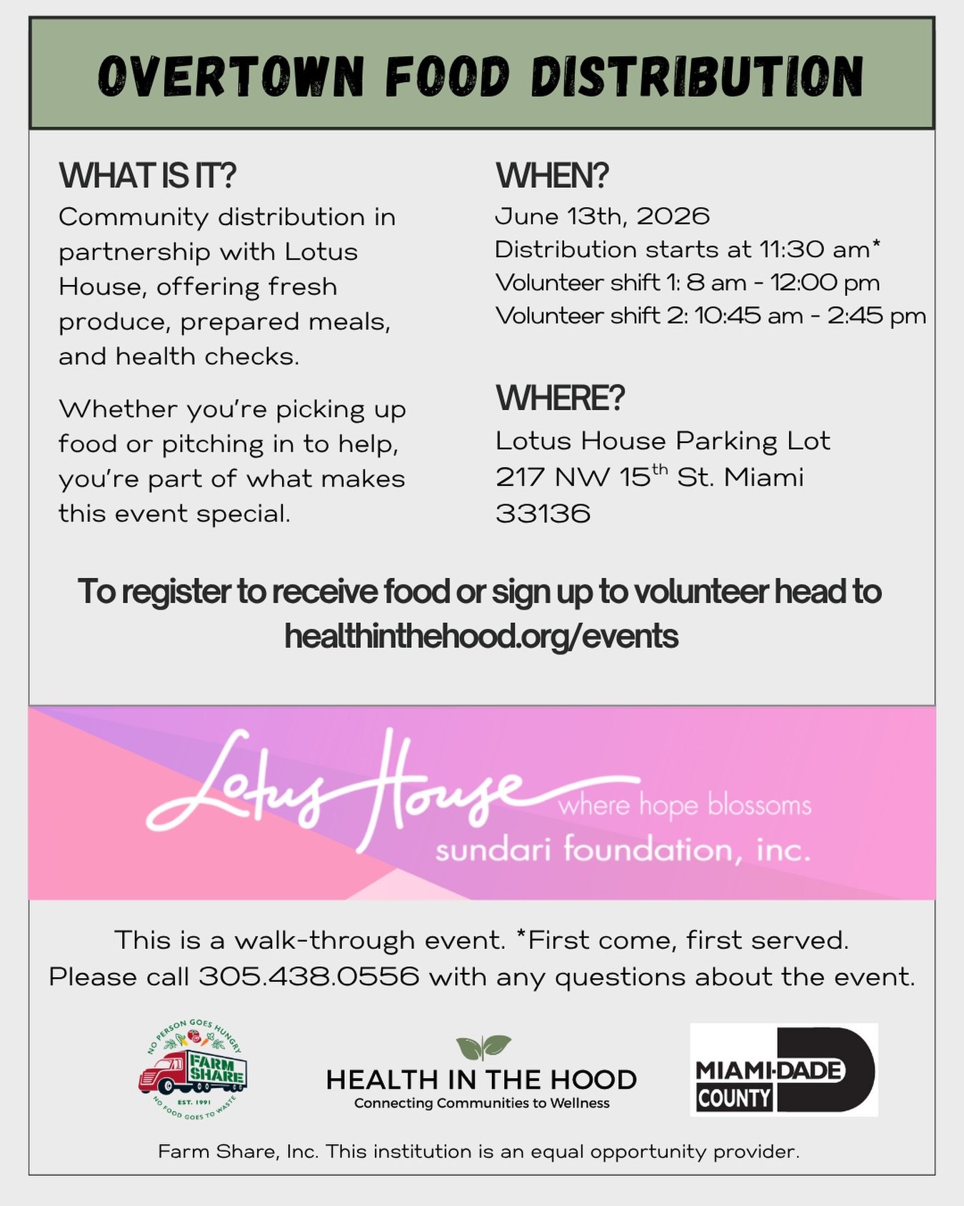 Join us this Saturday, June 13 at:
📍 217 NW 15th St. Miami, FL 33136
🕚 Distribution Hours: 11:30 AM&ndash;3:00 PM
&nbsp;
🍎 Need food?
Fresh food will be available free of charge while supplies last. Everyone is welcome. Registration link in bio!
&