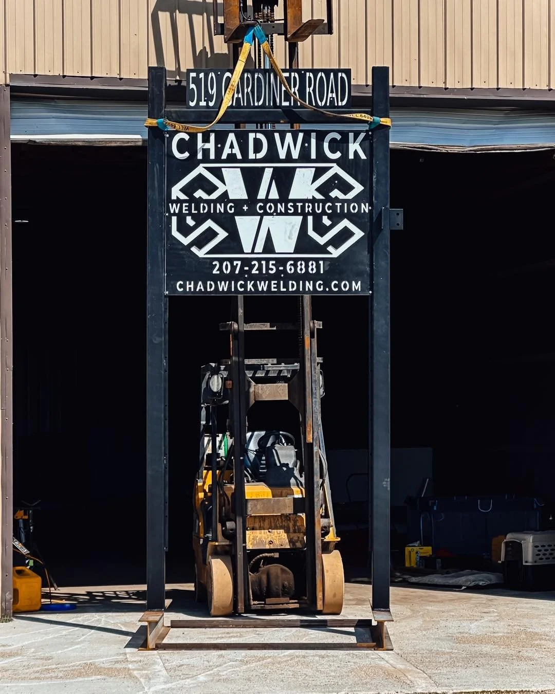 It was time to put a sign up on 27 in Wiscasset. Photos show the design of the sign itself, to welding the structure for it, cutting it out with the plasma table, and using the excavator to place it.

The frame is 13&rsquo; x 5&rsquo; with a base bur