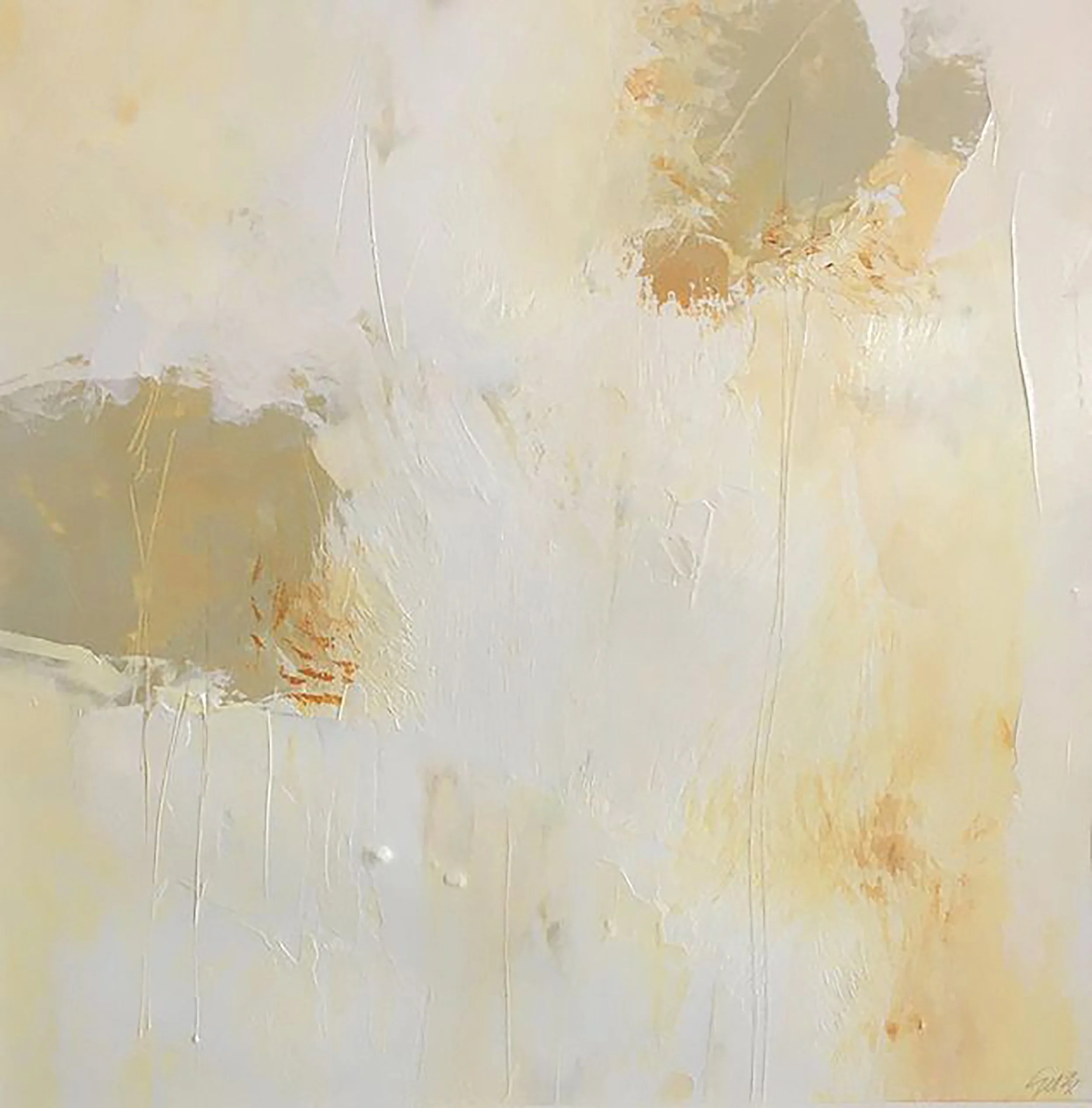 Abstract painting with soft shades of white, beige and olive. Contains textured areas with brush strokes and layered paint.