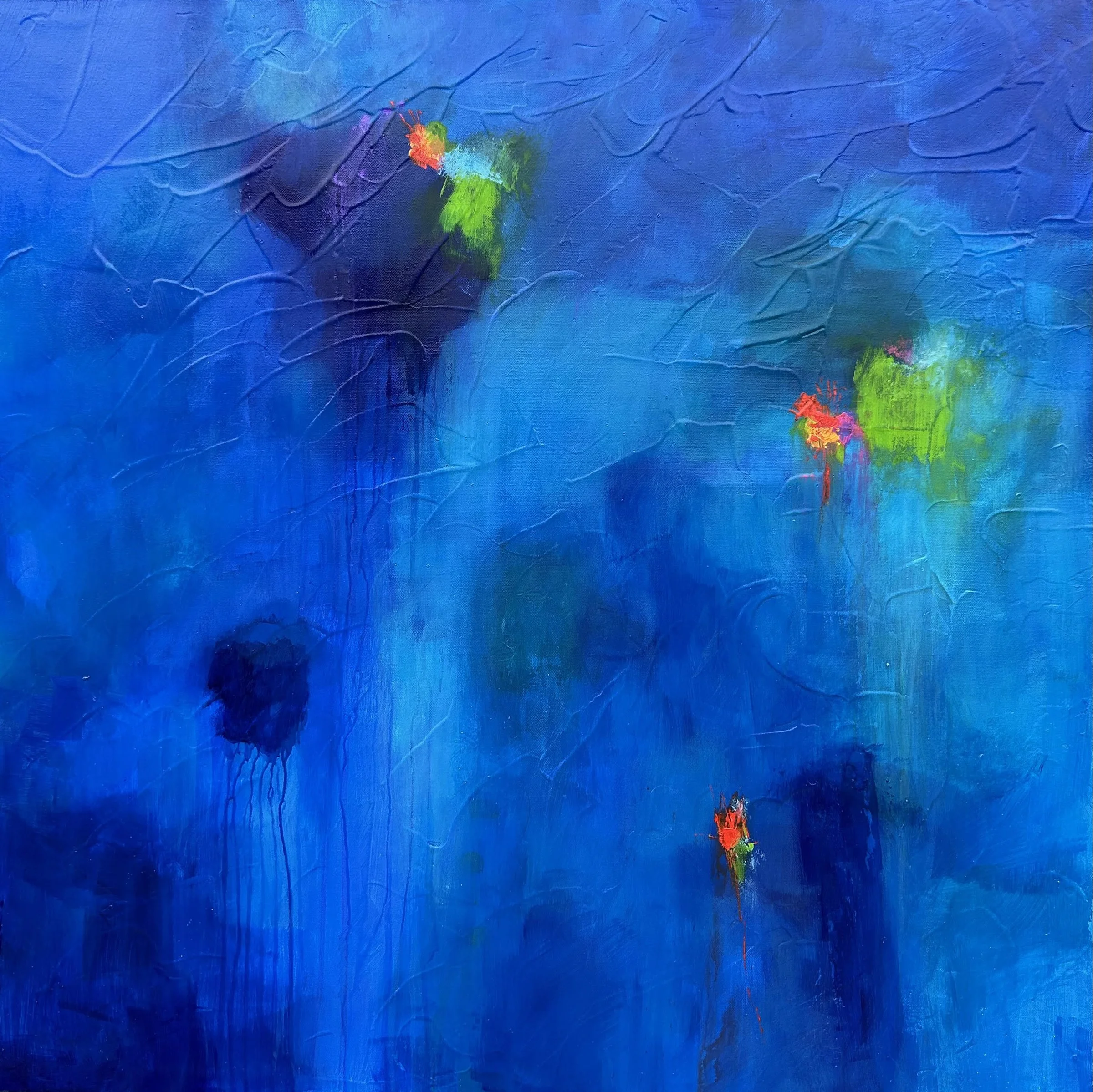 Abstract painting with a predominantly blue color palette, featuring some bright green and red accents scattered across the canvas.