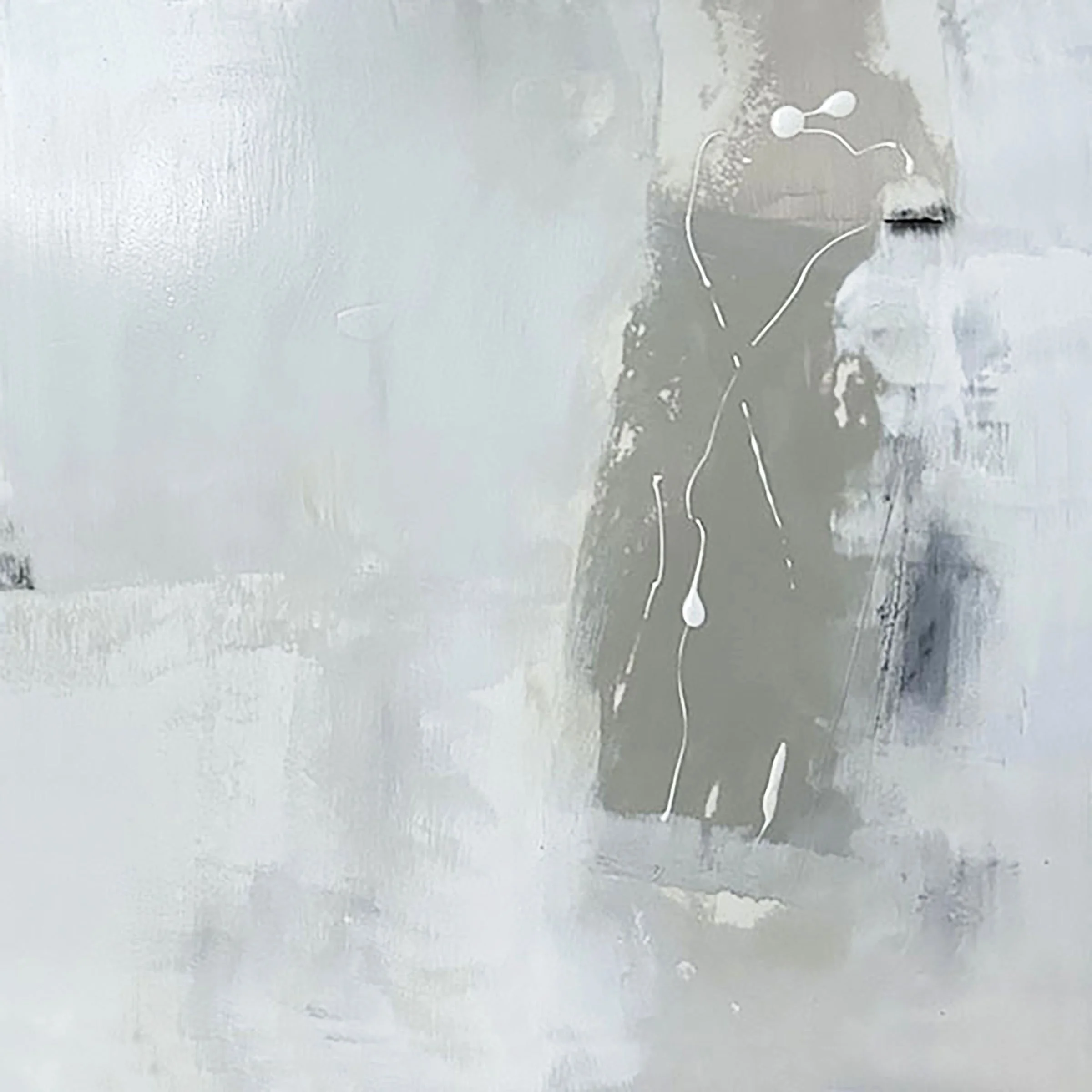 A person walking through a snowy or icy landscape, with an overcast or foggy sky.