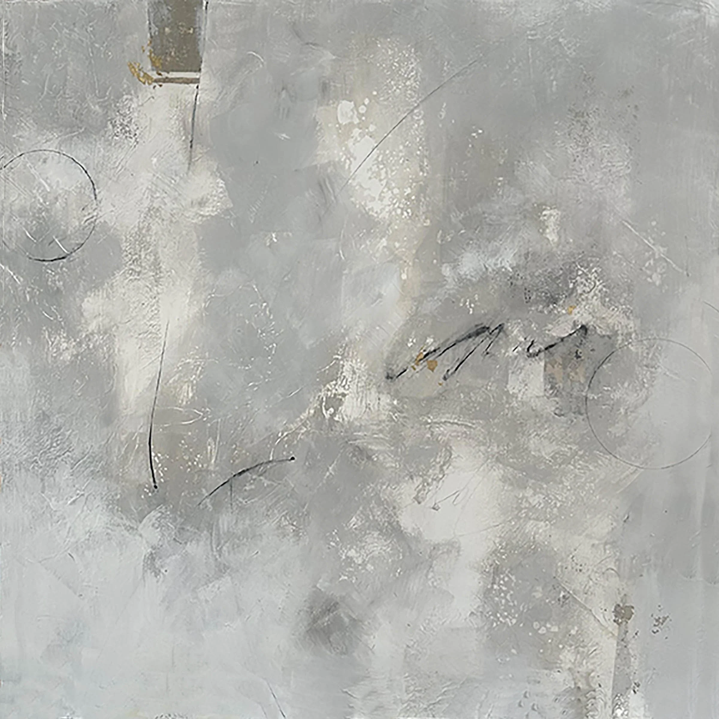 Close-up of a scratched, stained metallic surface with faint circular marks and black hair strands.