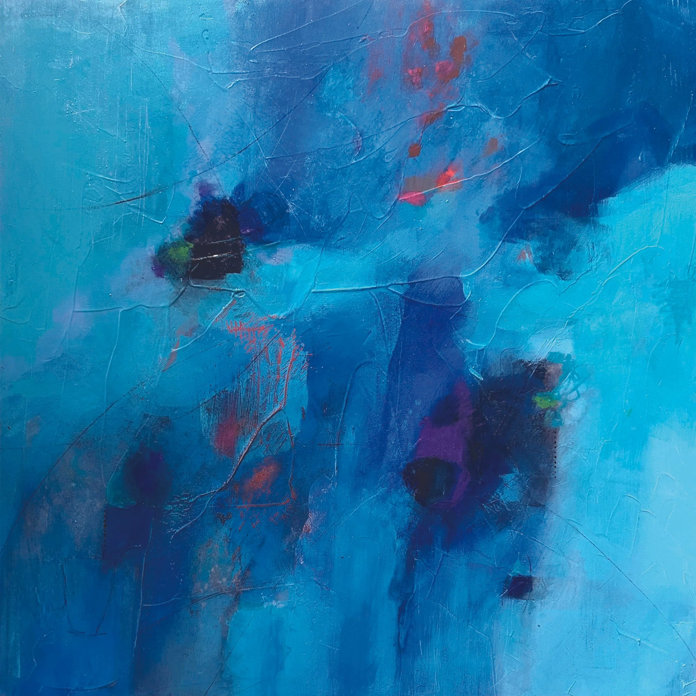 Abstract painting featuring various shades of blue with touches of purple, red, green, and black.