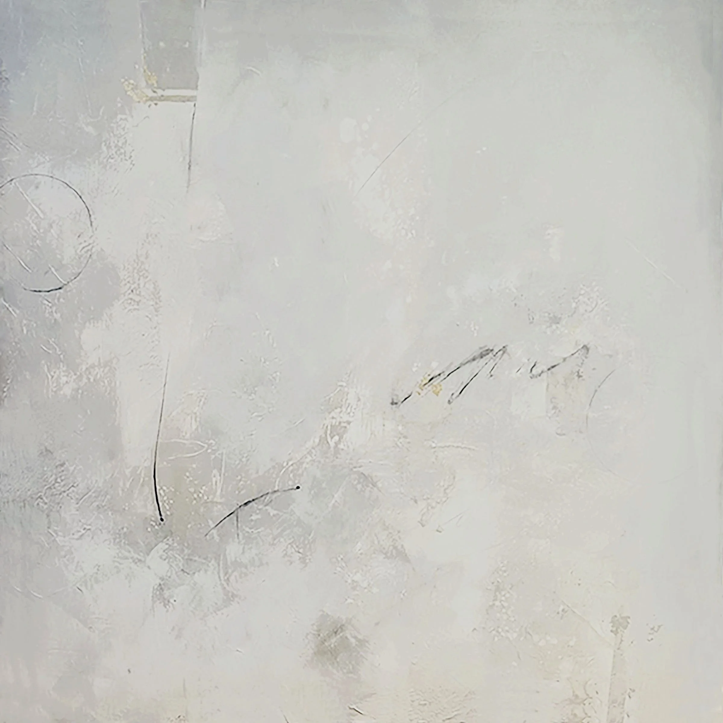 Close-up view of a textured, white surface with scratches, marks, and faint lines, possibly a wall or floor.