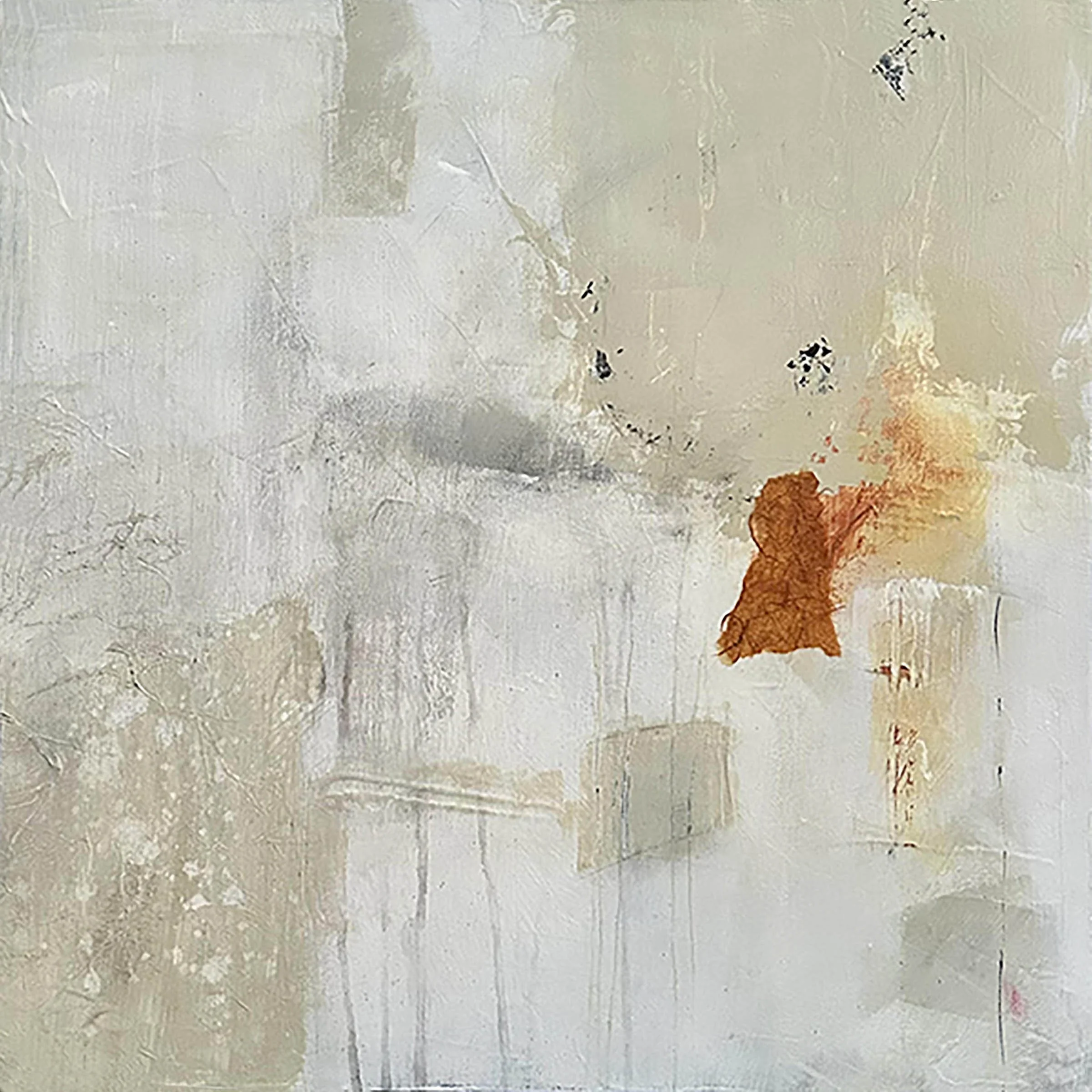 An abstract painting with a textured, light-colored background and dark, concentrated spots near the bottom right corner.