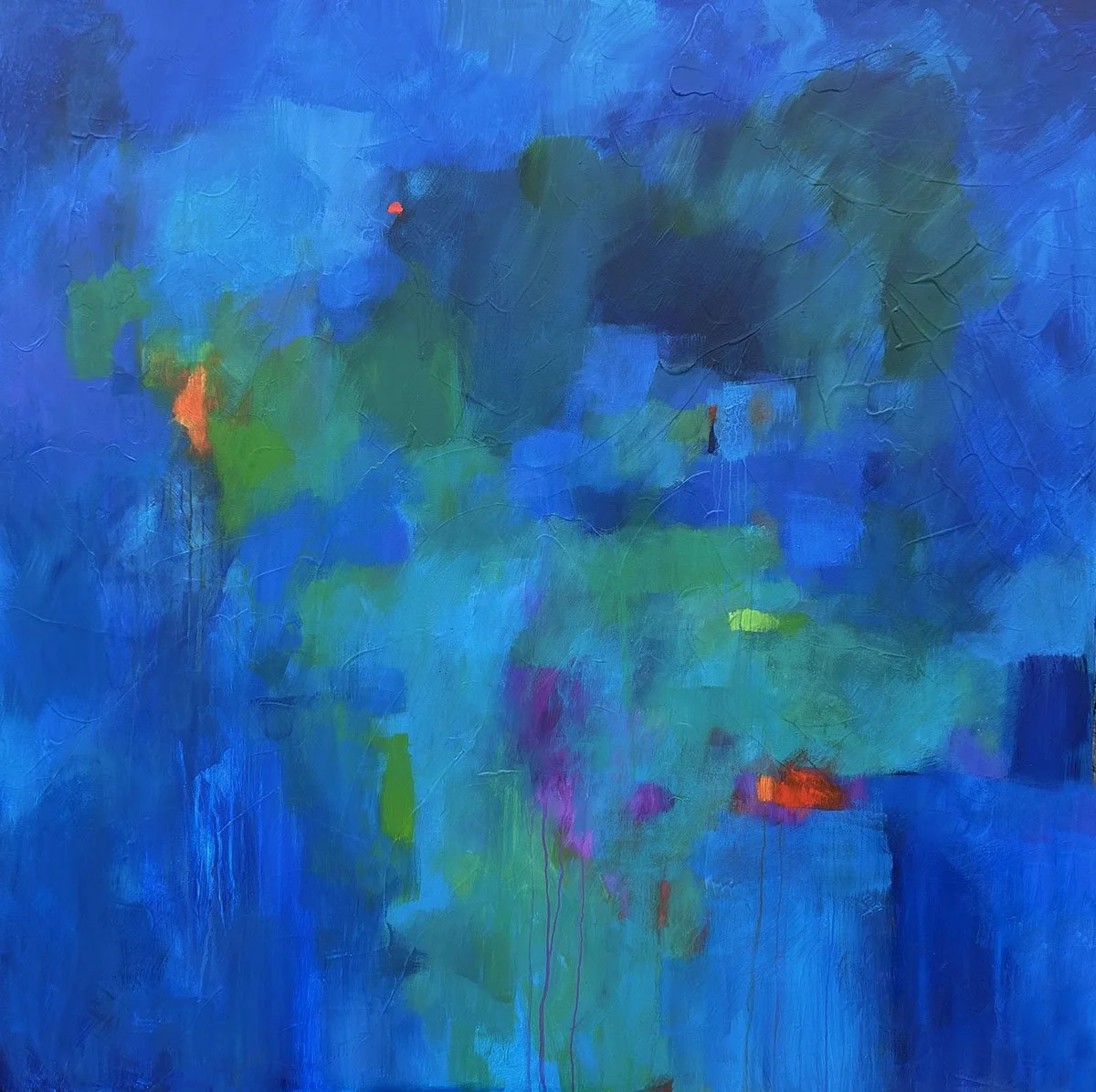 An abstract painting with various shades of blue, green, and hints of orange and purple.