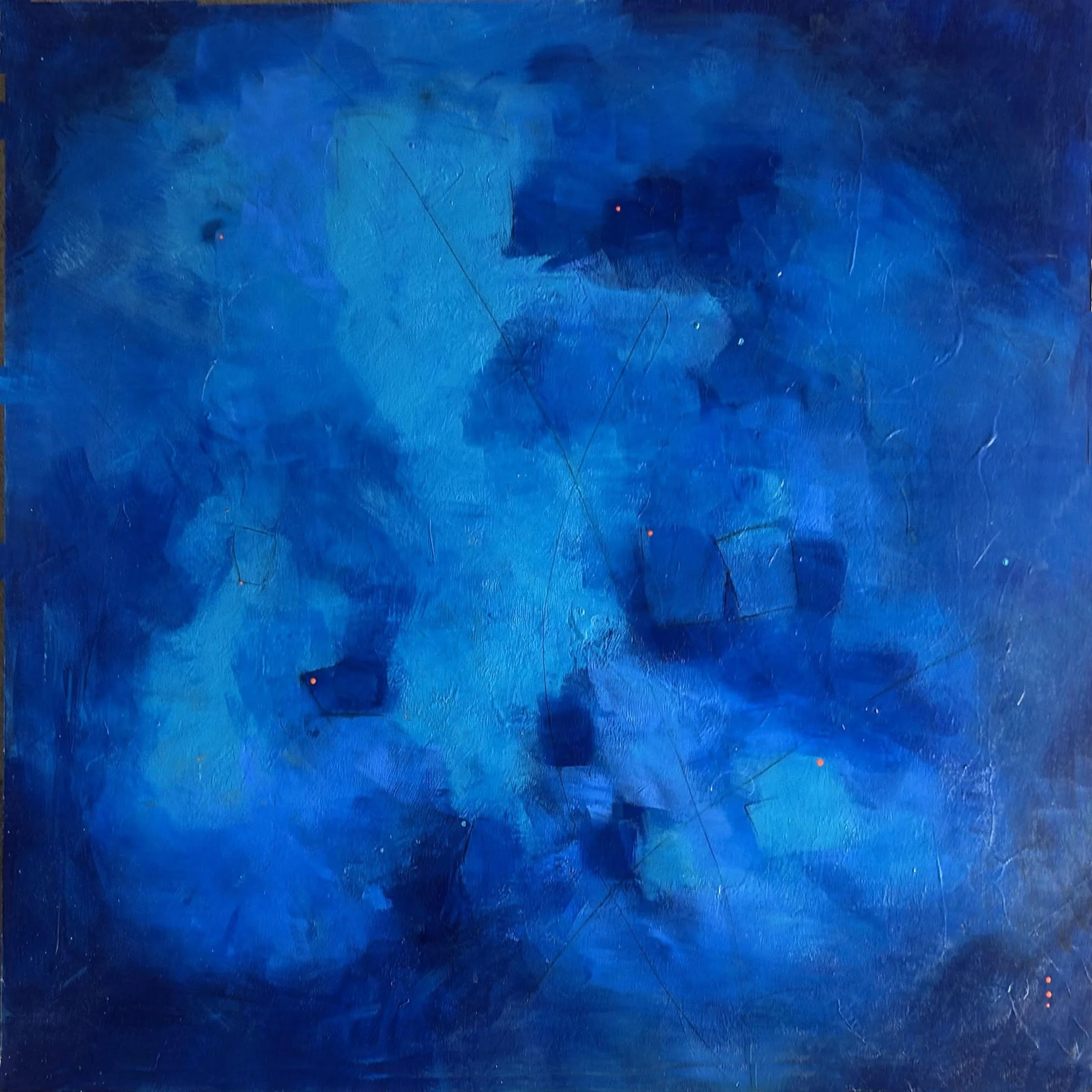 Abstract painting with various shades of blue, darker corners, and faint geometric shapes and lines.