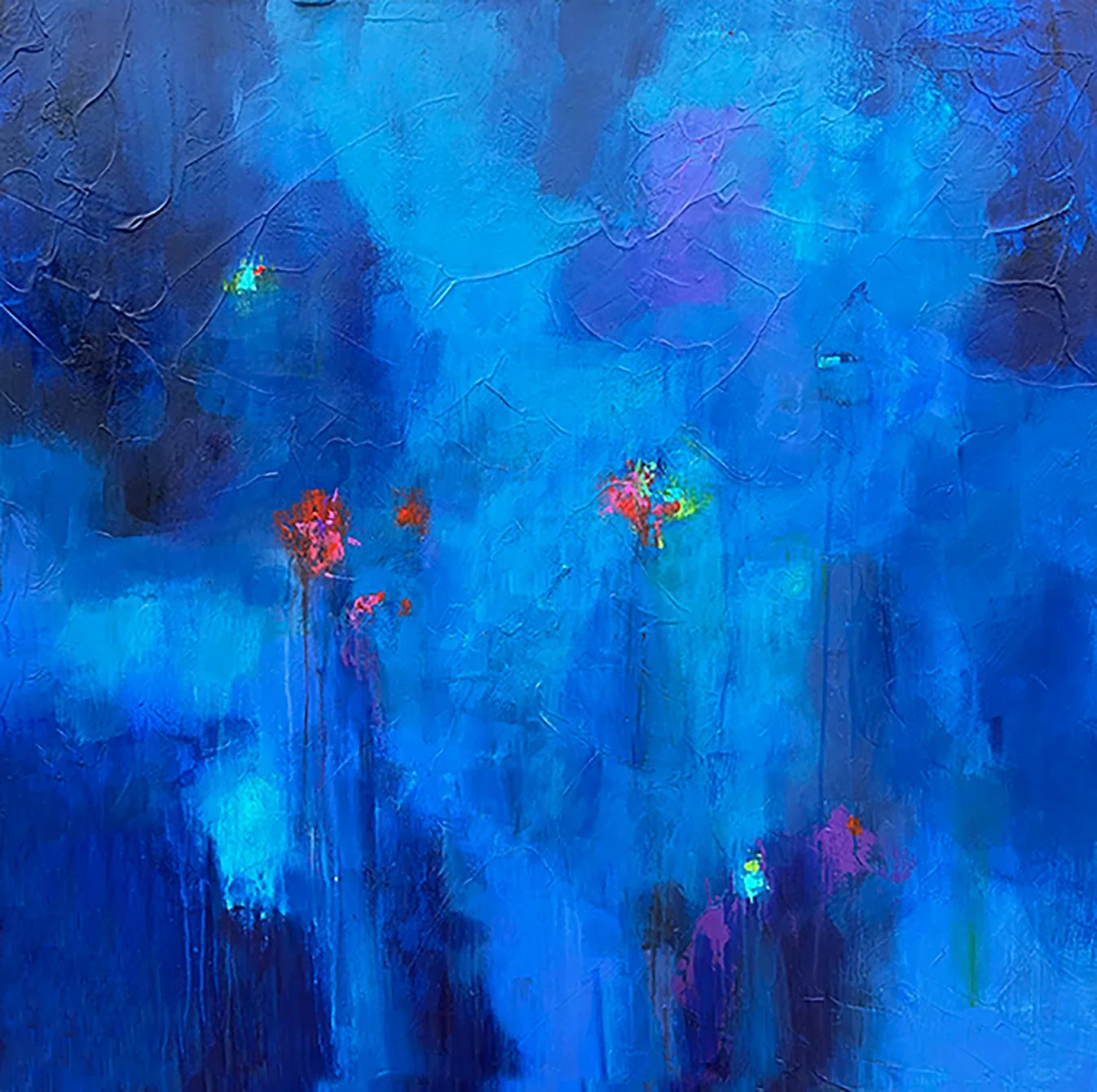 Abstract painting with predominantly blue background and splashes of red, pink, green, and purple.