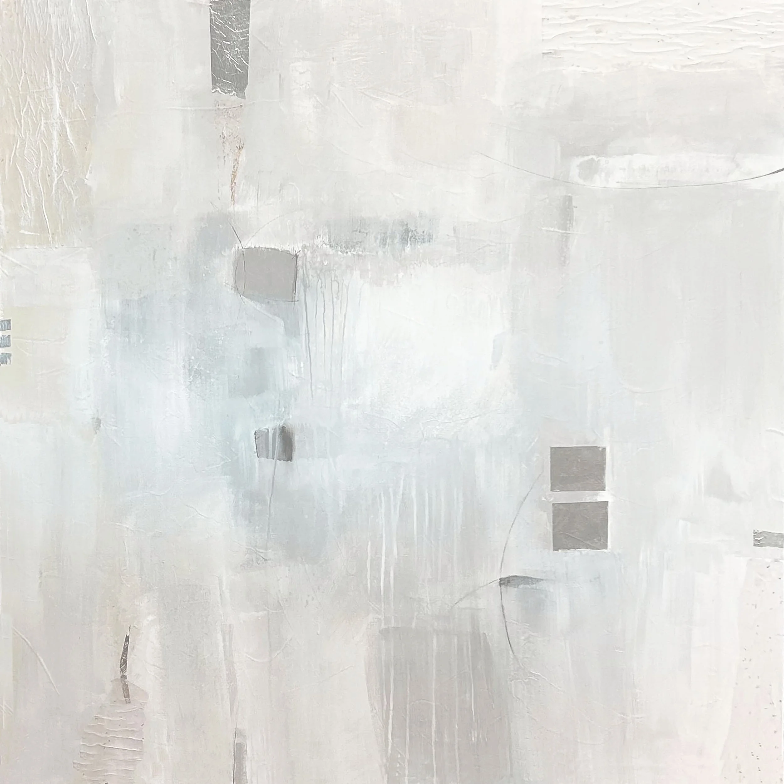 Abstract painting with light gray, white, and ceam tones, featuring subtle geometric shapes and horizontal lines.