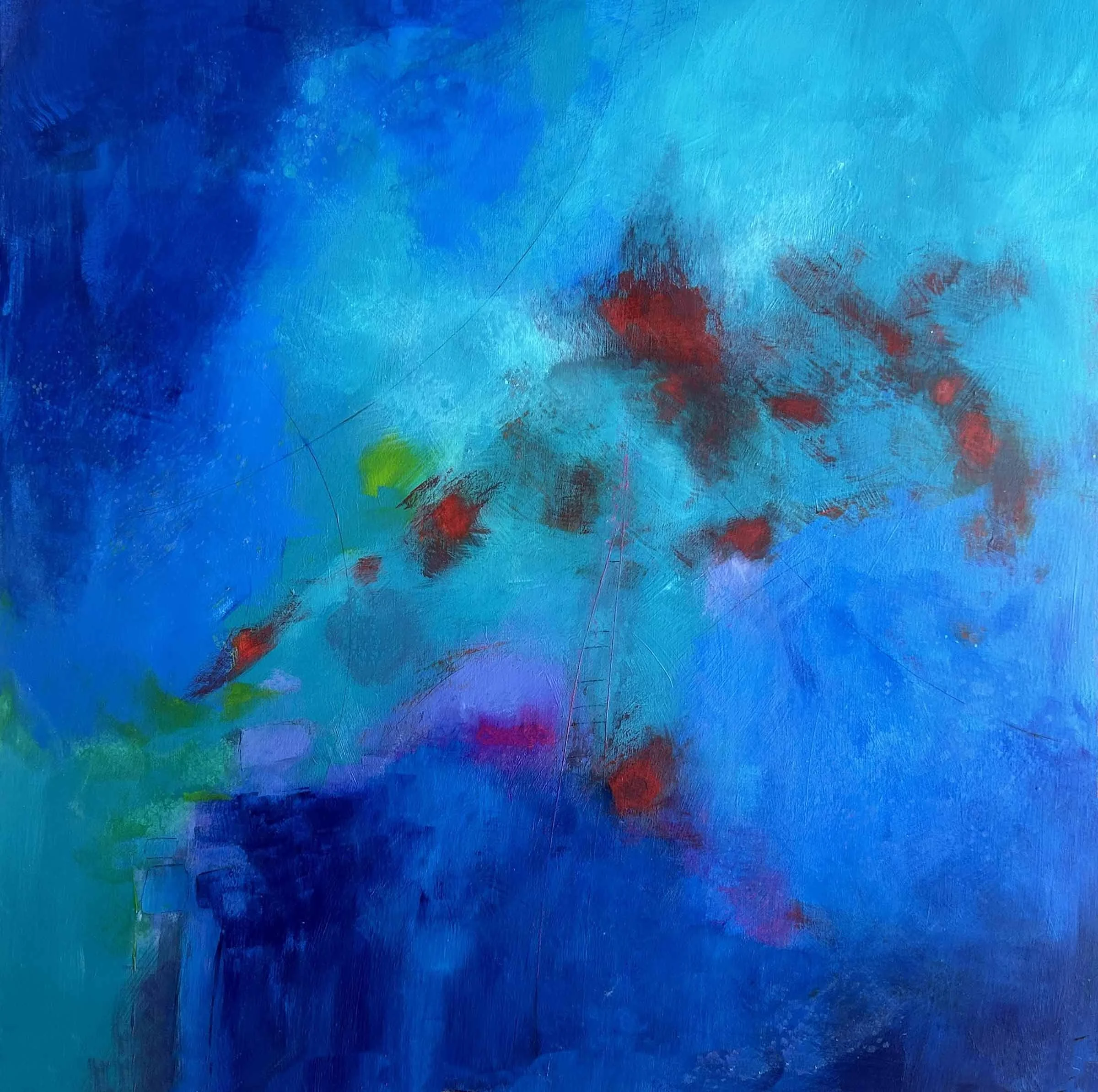 Abstract painting with shades of blue, red, green, and purple.