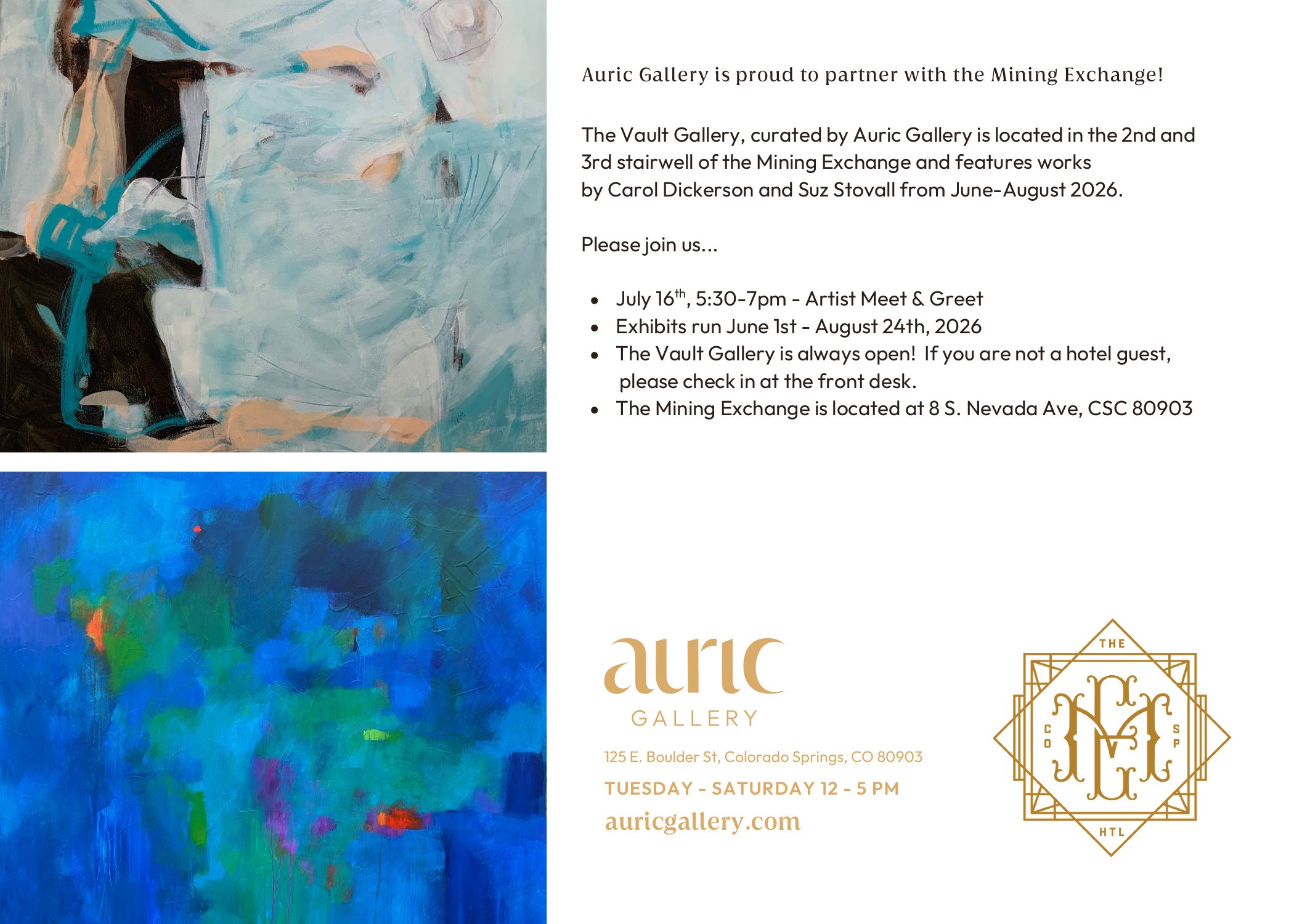 Invitation or informational flyer for Auric Gallery, featuring a colorful abstract painting on the left side and text on the right side detailing the gallery's partnership, exhibit details, event dates, and location at the Mining Exchange in Colorado Springs.