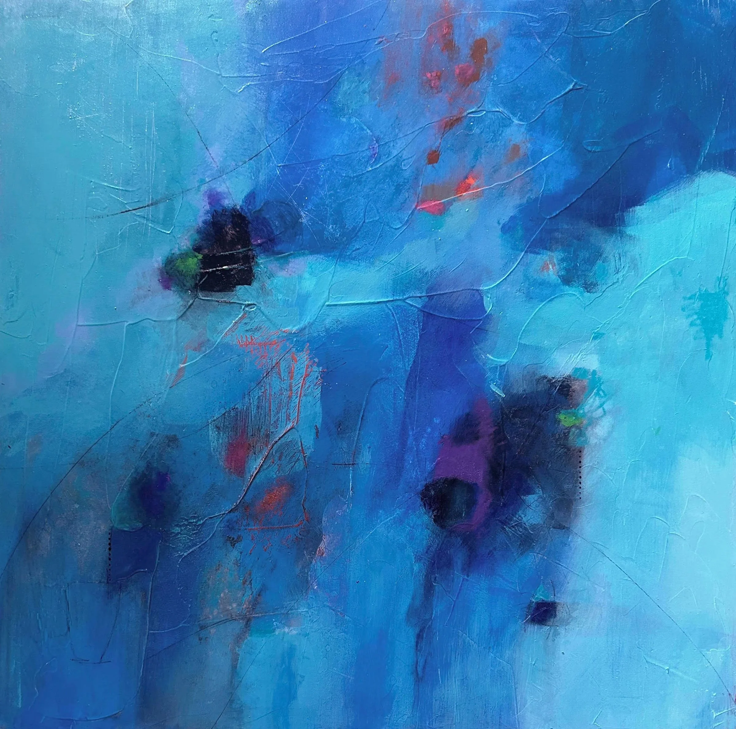 An abstract painting with various shades of blue, accented by streaks of red, purple, green, and black.