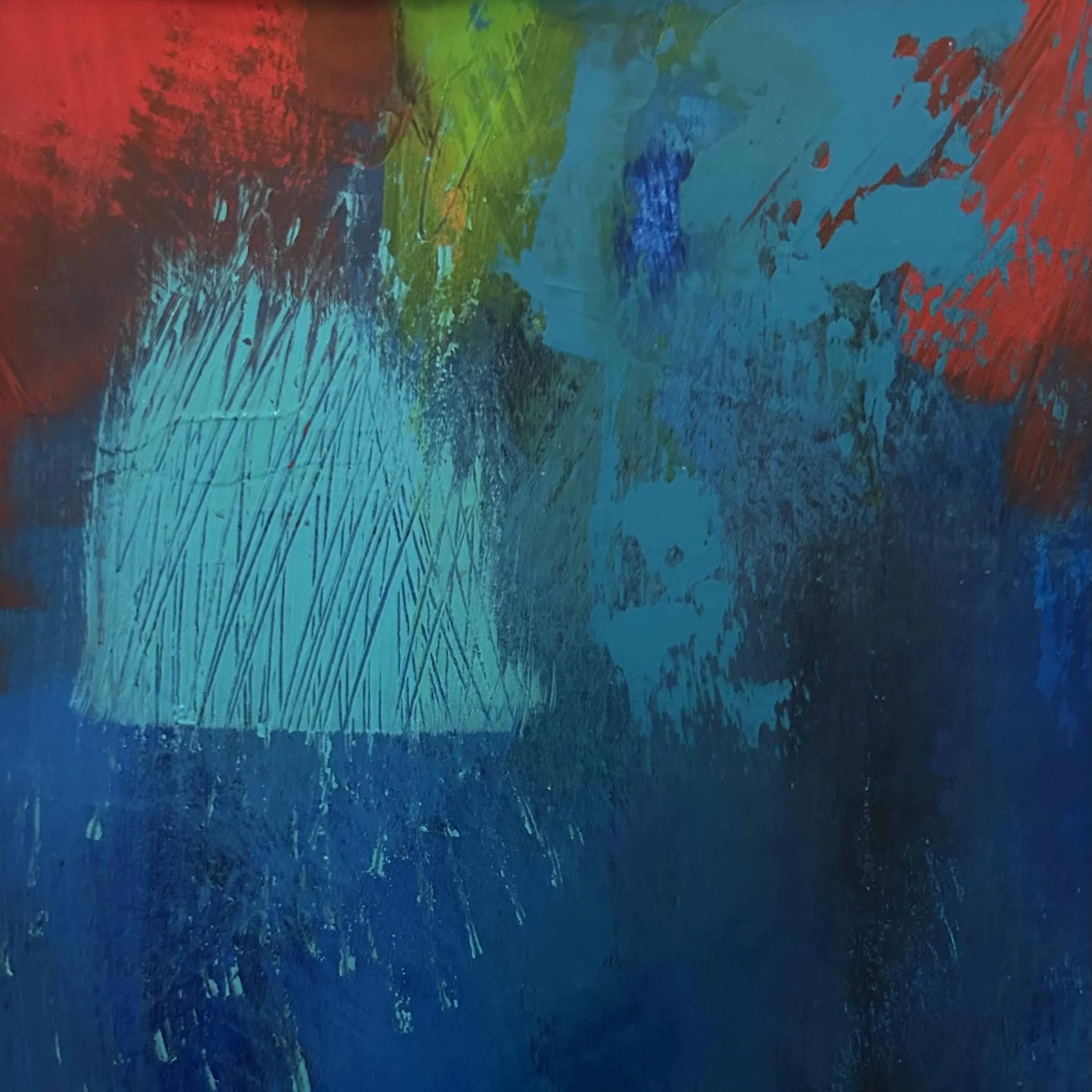 Abstract colorful painting with shades of blue, red, green, and orange, with various textured brushstrokes and patterns.