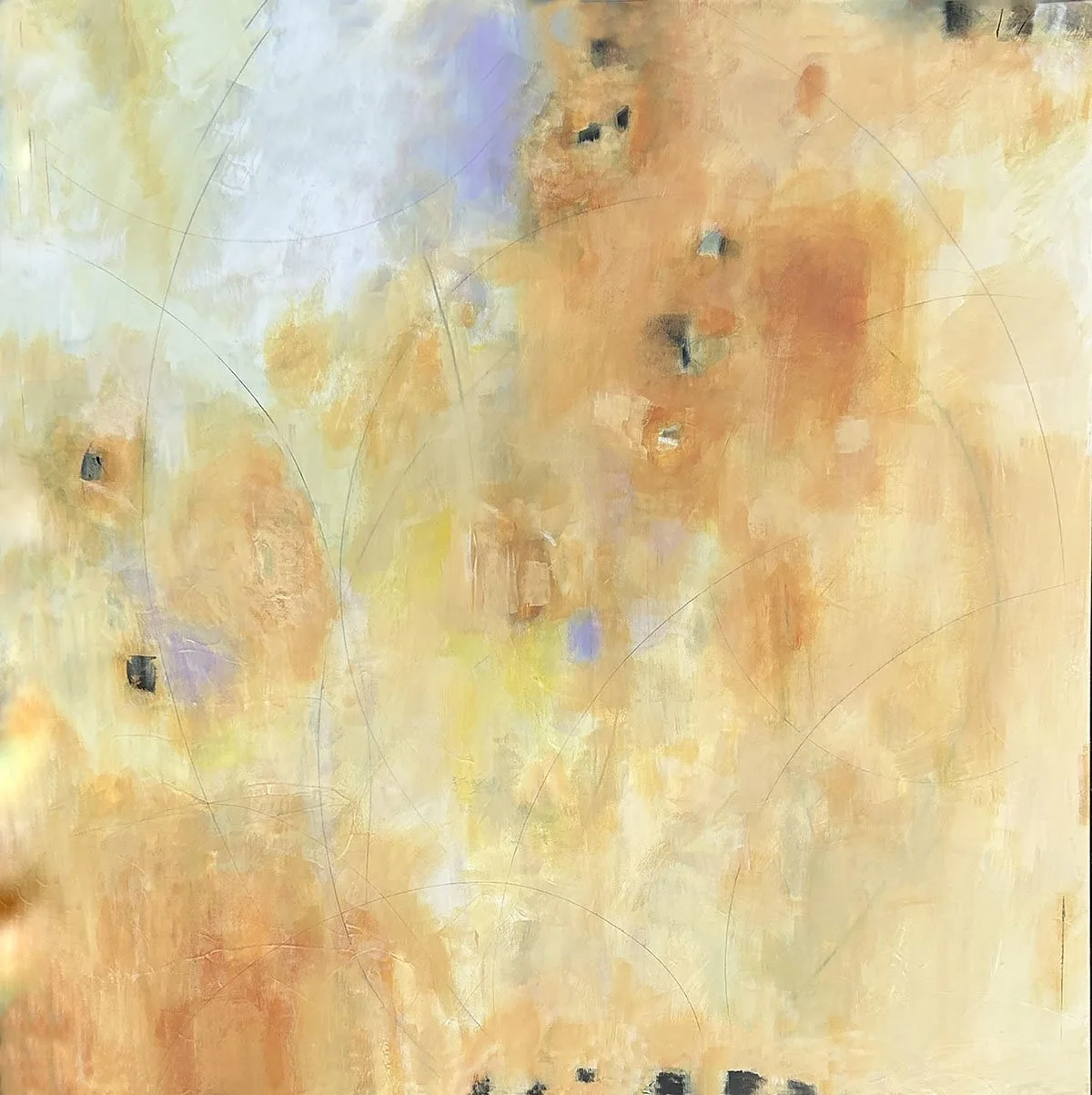 Abstract painting with warm tones of yellow, orange, and beige, featuring small black squares and faint lines.