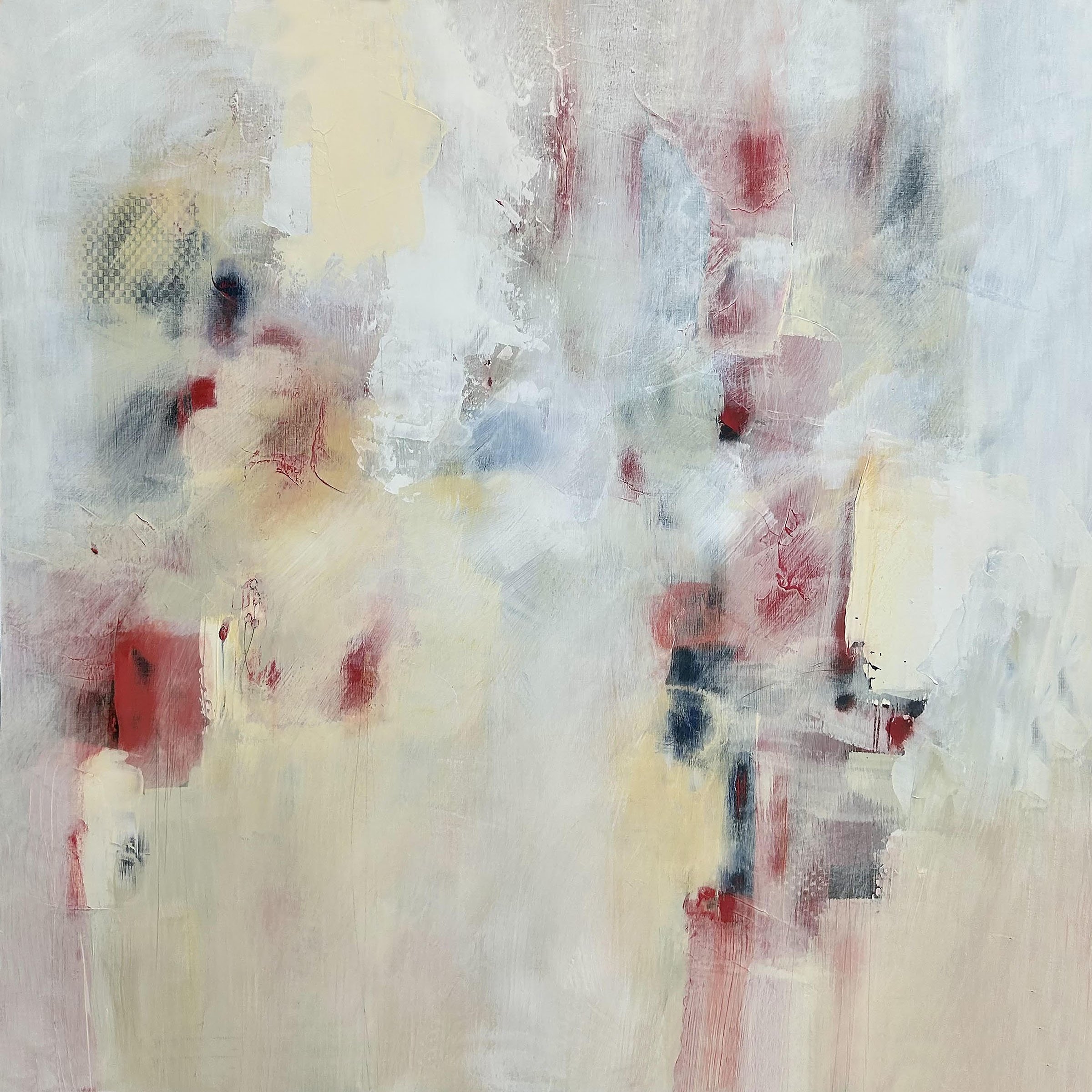 Abstract painting with soft pastel colors including red, yellow, gray, and white, featuring blurred shapes and textures.