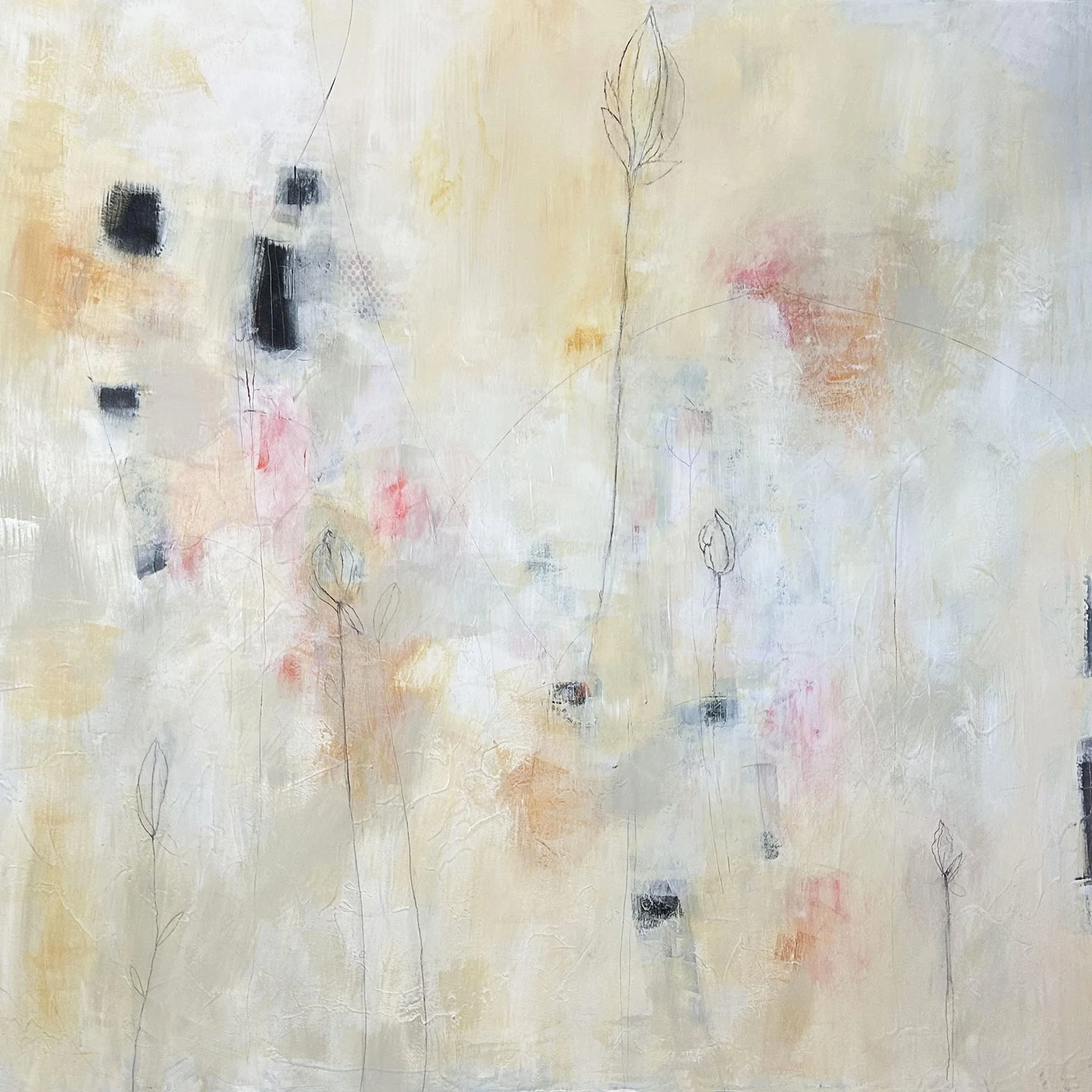 Abstract painting with soft pastel colors, black squares, and faint outlines of flowers.