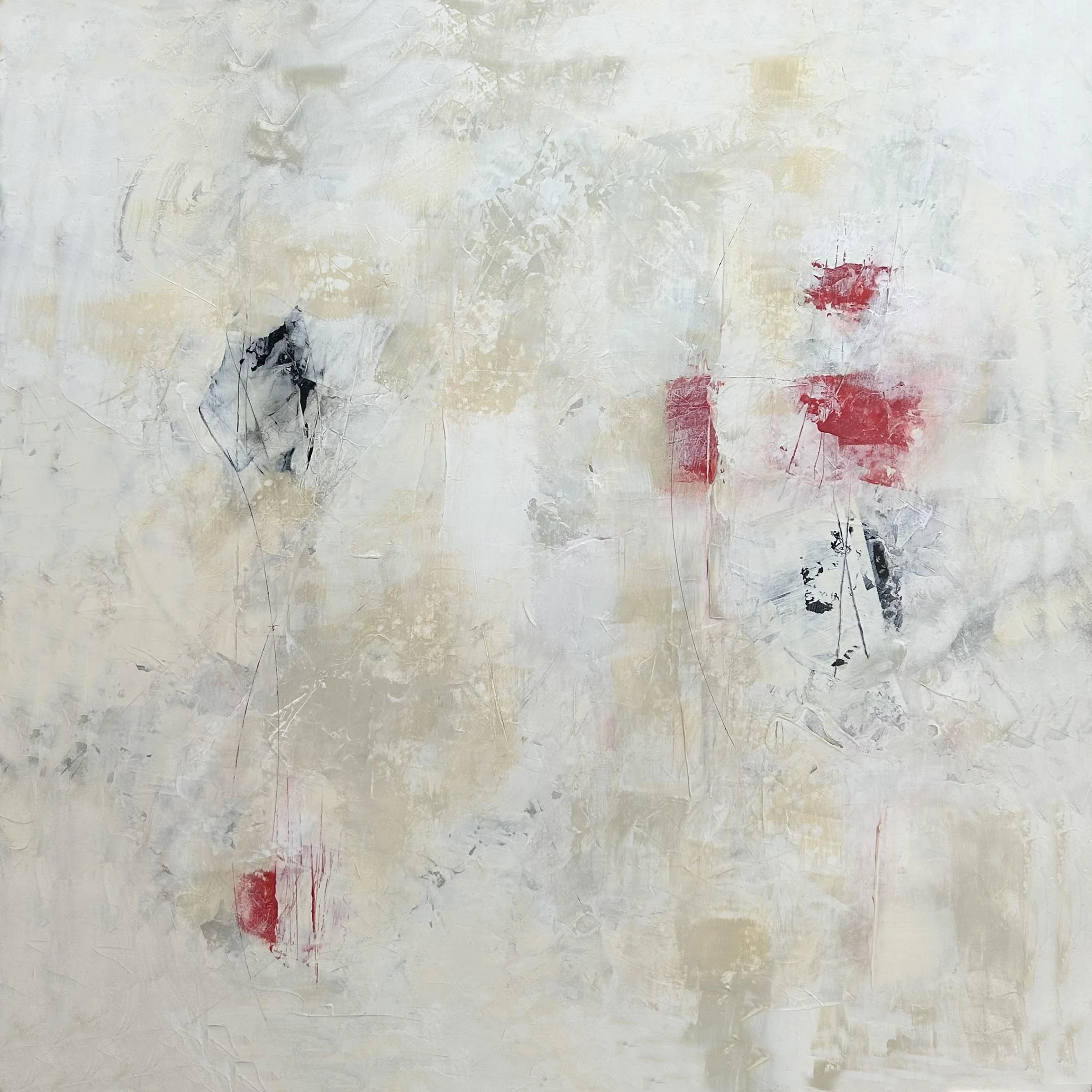 Abstract painting with light beige, white, black, and red patches and streaks.