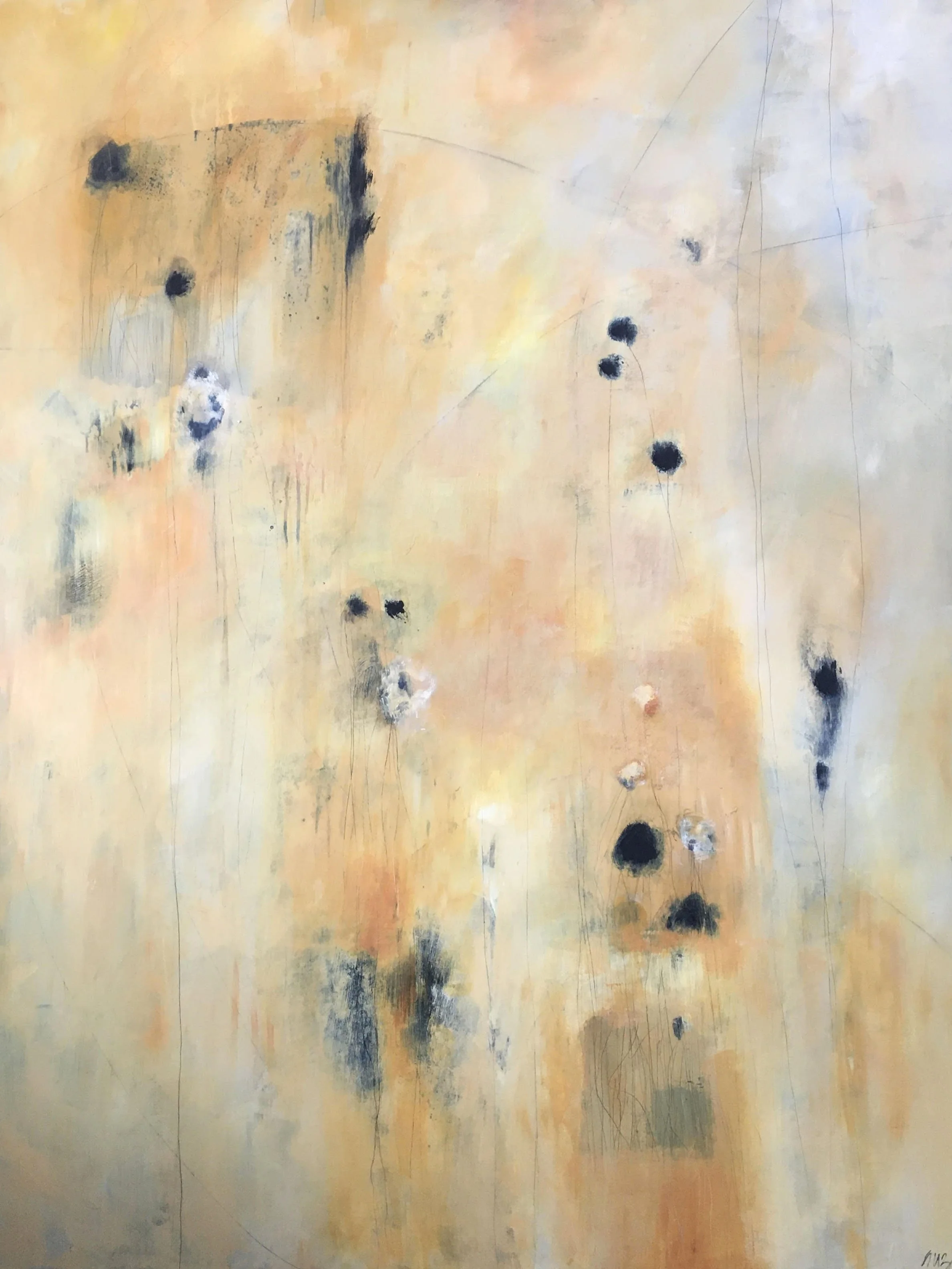 Abstract painting with soft pastel background and scattered dark spots and streaks.